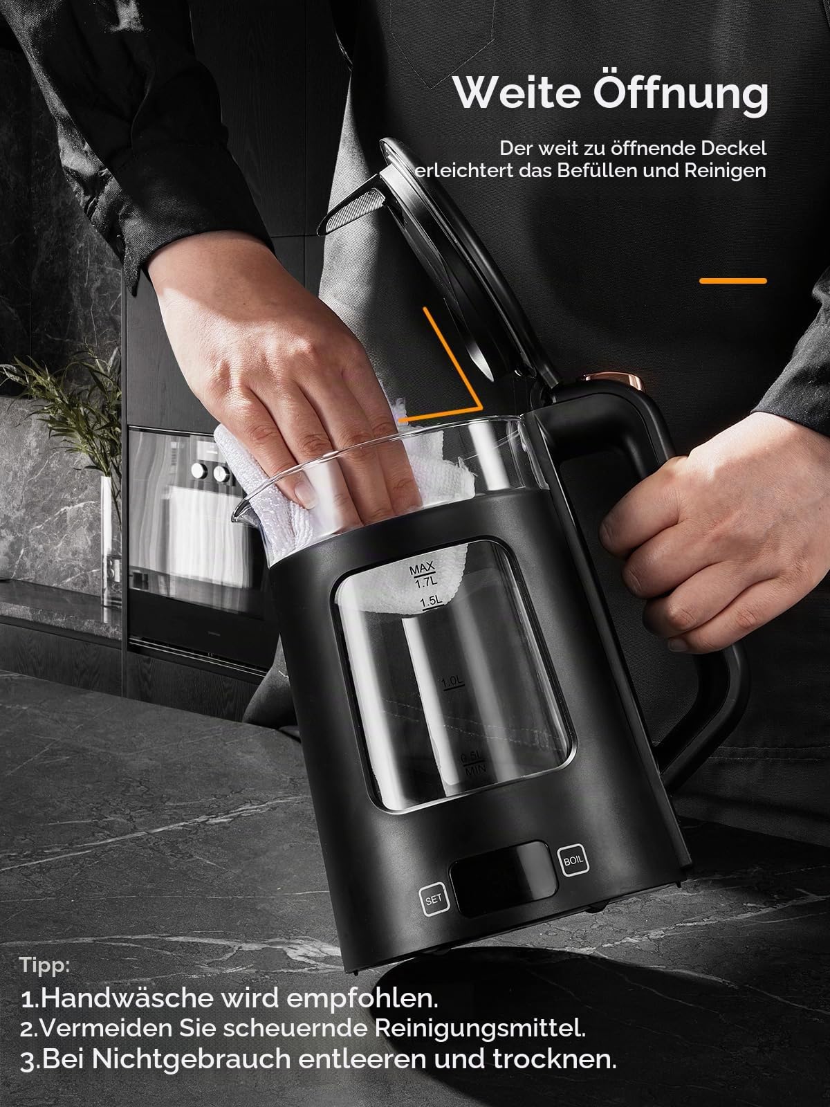 Elektrischer Wasserkocher mit Temperatureinstellung,1.7L Glas Wasserkocher mit Warmhaltefunktion, 2200W Schnelles Koche, Automatische Abschaltung & Trockengehschutz, mit 5 Farbigen Lichtern