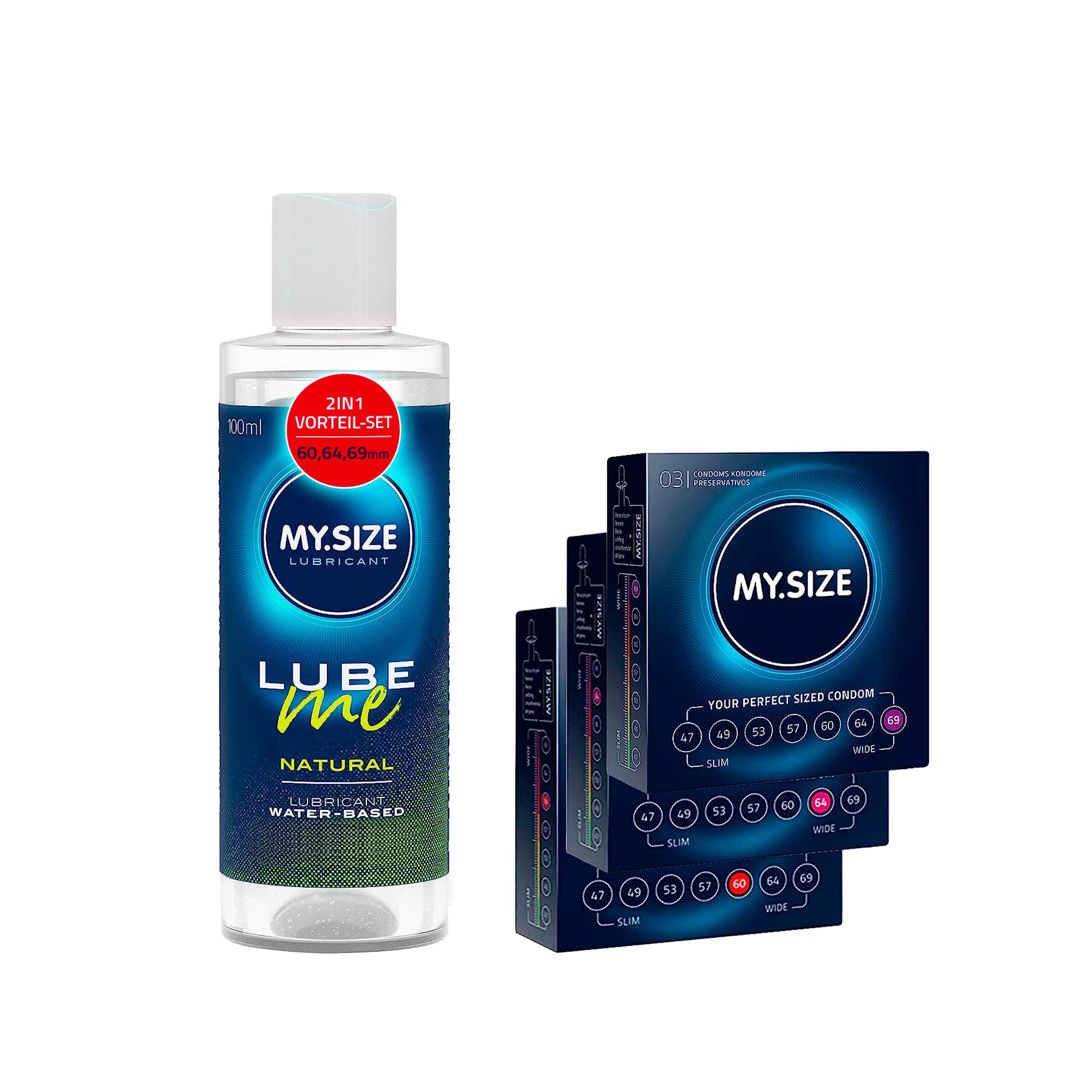 MY.SIZE Kondom + Gleitgel Set mit 100 ml Lube Me Natural & 3x3 Kondome 60, 64, 69 mm | Wasserbasiertes Gleitmittel | Lubricant Gel Für Toys & Latexkondome geeignet
