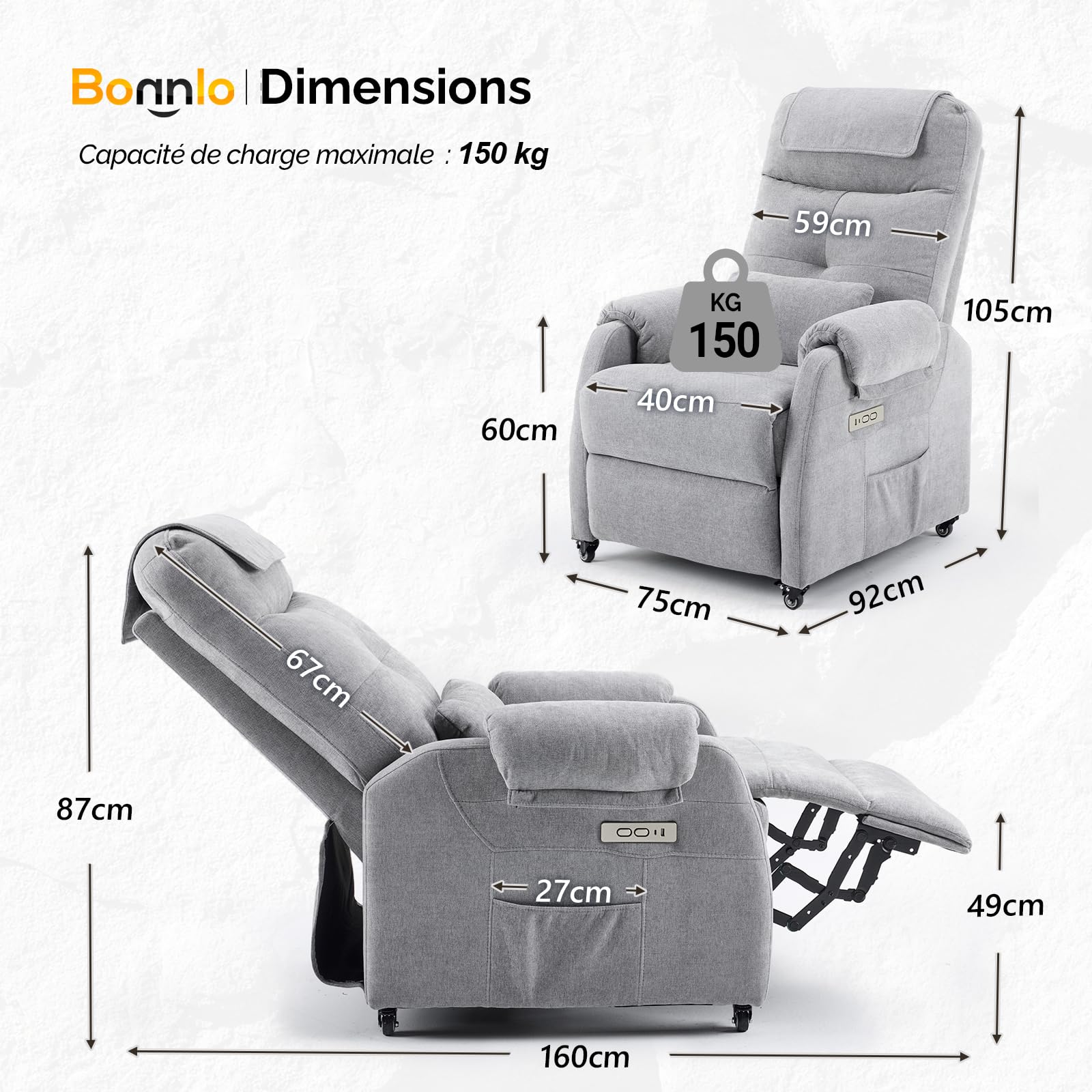 Bonnlo - Sillón de masaje con 6 puntos de masaje y calefacción, respaldo y reposapiés ajustable automáticamente, equipado con reposacabezas y cojín, color gris claro