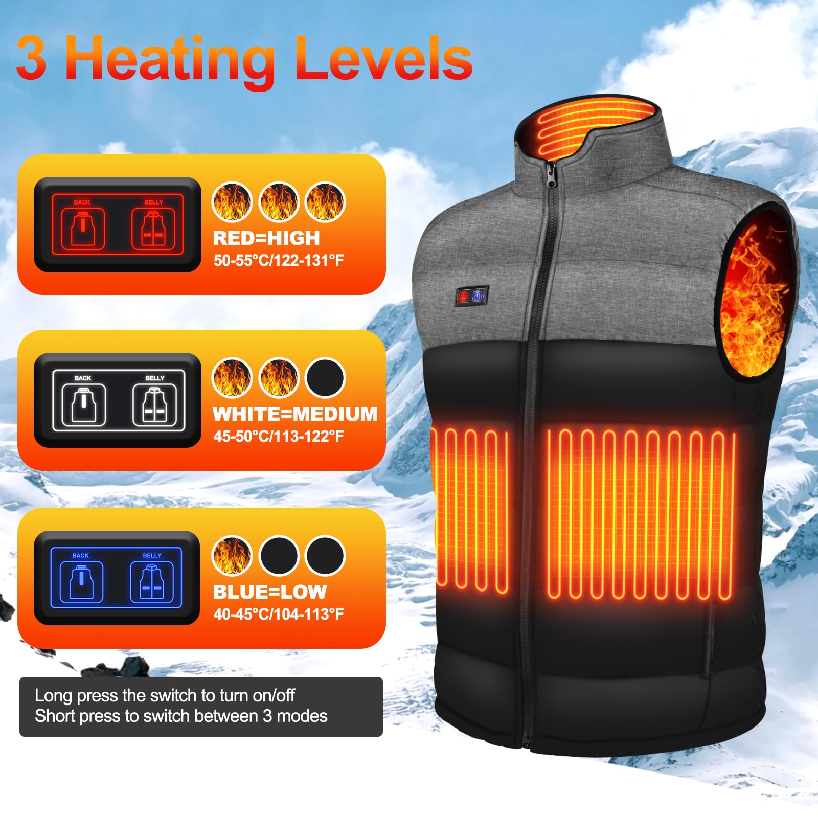 Tonfarb Gilet Riscaldato Uomo, Gilet Riscaldante Uomo con 4 Zone Riscaldamento, 3 Livelli Temperatura, Elettrico Giubbotto Riscaldato per Attività All'aperto, Pesca, Sci (Batteria Non Inclusa)