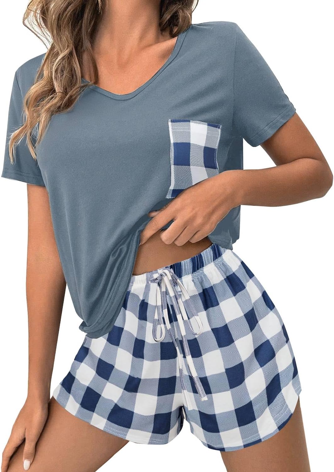 JUSTFASHIONNOW Pajamas for Women Shorts Set V Neck Casual Summer Lounge Sets Loungewear Sleepwear 2 Piece Pjs Sets