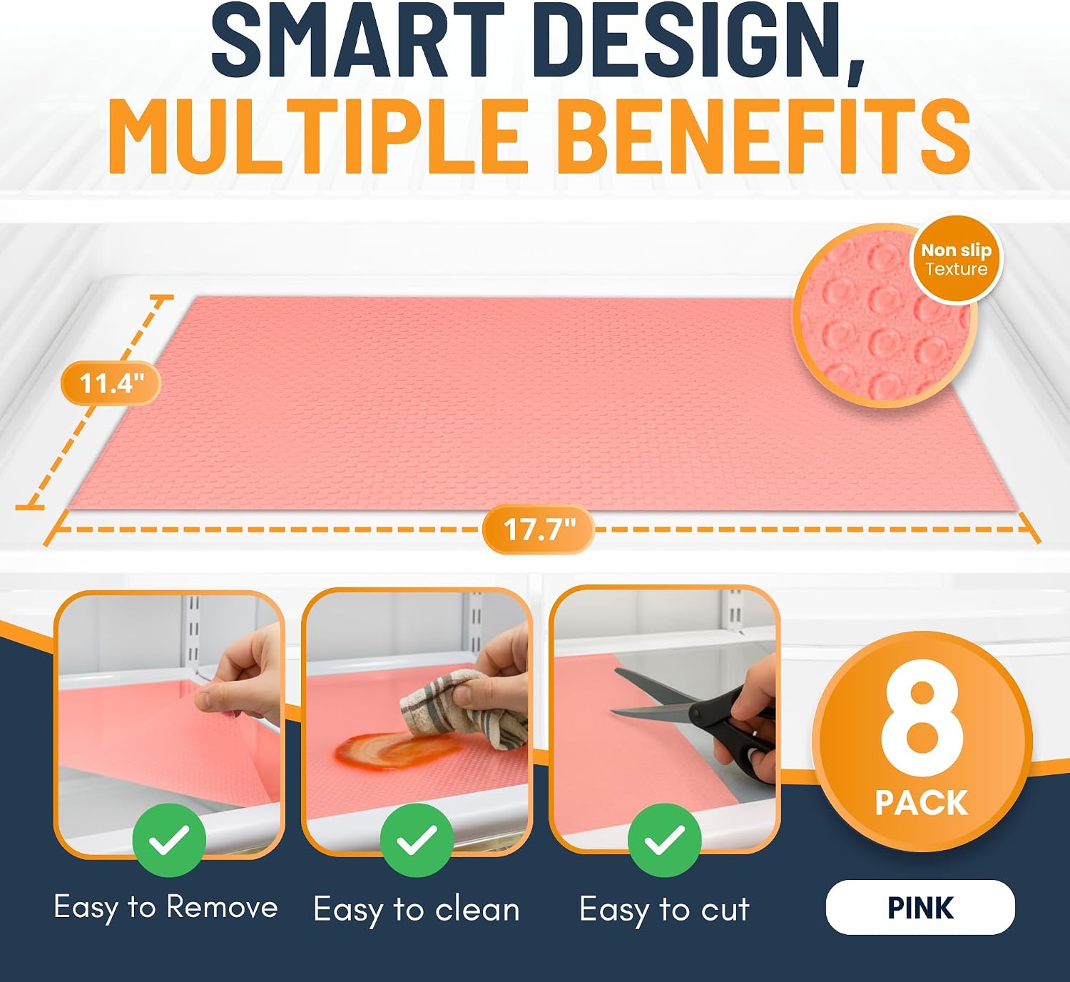 Refrigerator Liners for Shelves (8 Pack) by Linda’s Essentials - Non-Adhesive Shelf or Drawer Liner, BPA-Free Fridge Mats for Kitchen & Cabinets, Easy to Clean, Ideal Household Essentials (Pink)