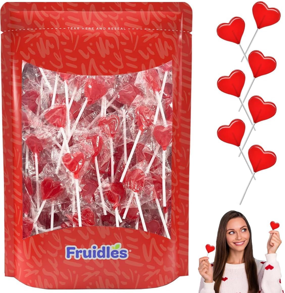 Fruidles 60 Lollipops Mini Red Heart Shaped Strawberry Flavored Individually Wrapped, 5g 60 Lollipops 1 Pound