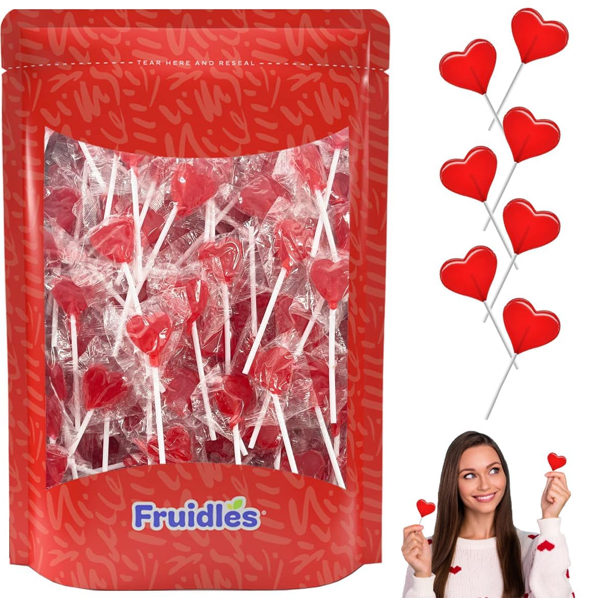 Fruidles Valentines Day Lollipops Mini Red Heart Shaped Strawberry Flavored, Individually Wrapped, 5g Lollipops (40 Lollipops (Half-Pound))