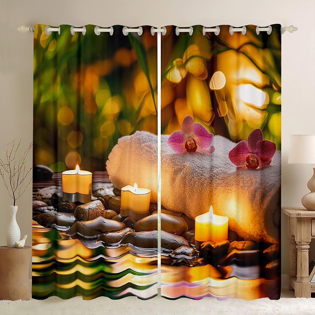 Zen Stones Window Curtains,Spa Oil Wood Curtain,Water Bamboo Window Drapes for Kid Teens Boys Young Man,Modern Bedroom Decorative,Meditation Curtain,52Wx63L