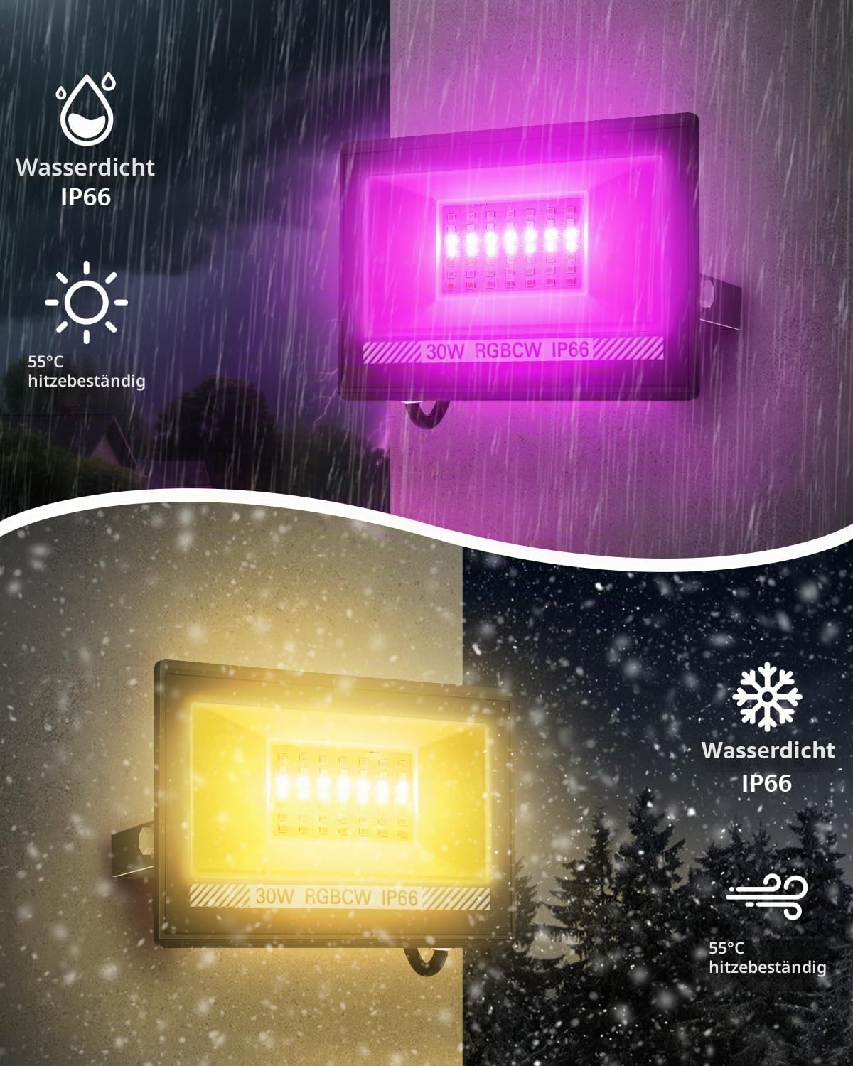 T-SUN RGB LED Strahler Außen, 30W Smart RGB Strahler,IP66 Flutlicht,2 Stück