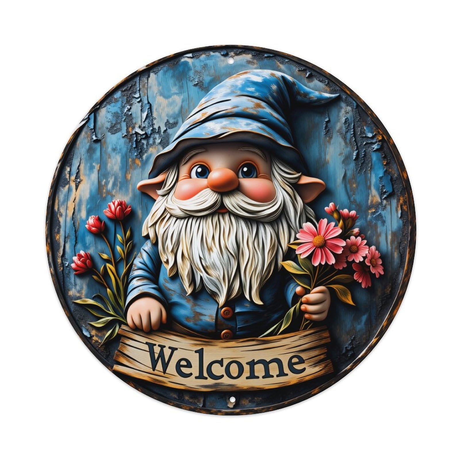 Garden Gnome Holding Flowers Welcome Sign Round Vintage Tin Sign,Retro Wall Art,Metal Poster for Home, Bar, Garage, Cafe, Rustic Indoor & Outdoor Decor, 8x8 Inches