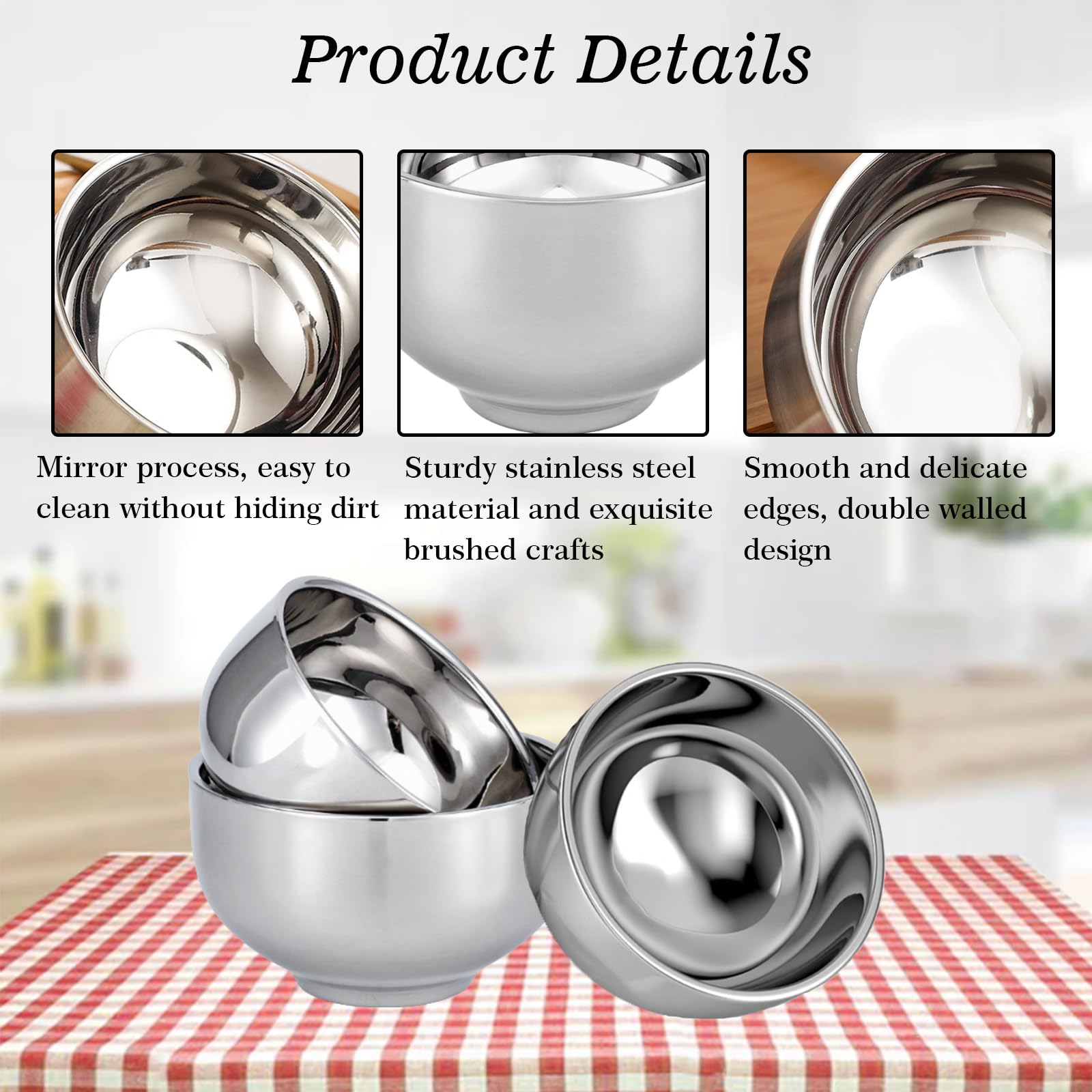 Tazones de cereales duraderos de acero inoxidable de 18OZ, cuencos de sopa aislados de doble pared, cuencos de arroz irrompibles, tazón de servir para mezclar pasta de fideos de postre , paquete de 4