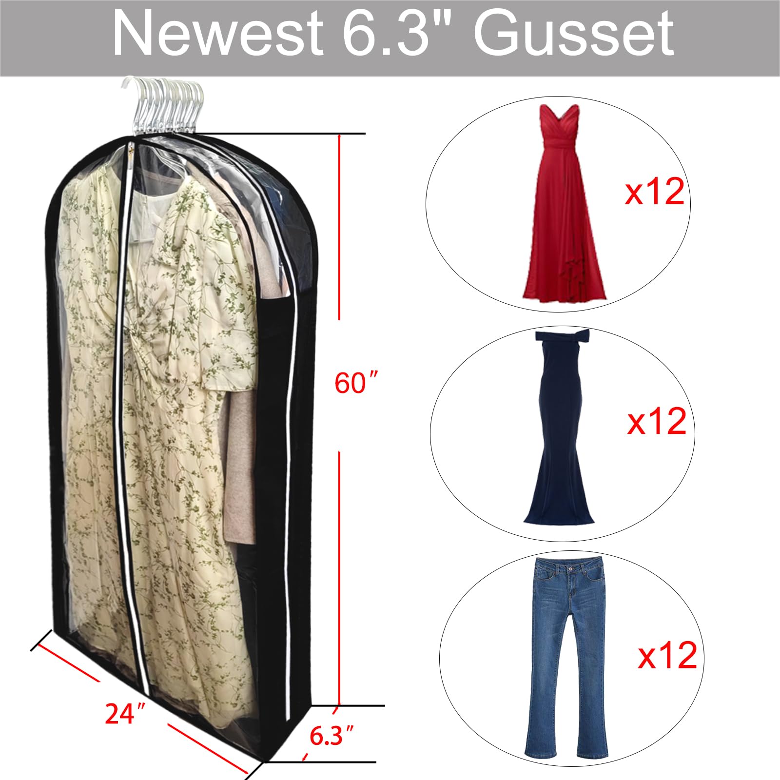 Bolsas de vestir extralargas para almacenamiento de armario con refuerzo de 6.3 pulgadas, bolsas transparentes a prueba de polillas de 60 pulgadas para colgar ropa, cubiertas antipolvo y protector de