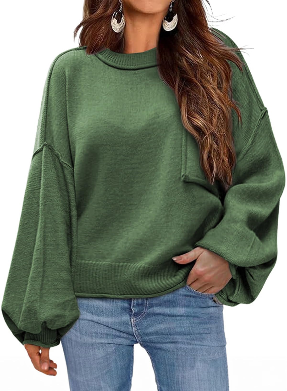 Dokotoo Women's Sweater 2025 Fall Winter Long Sleeve Casual Tops Ribbed Hem Knitwear Lantern Pullover Sweater