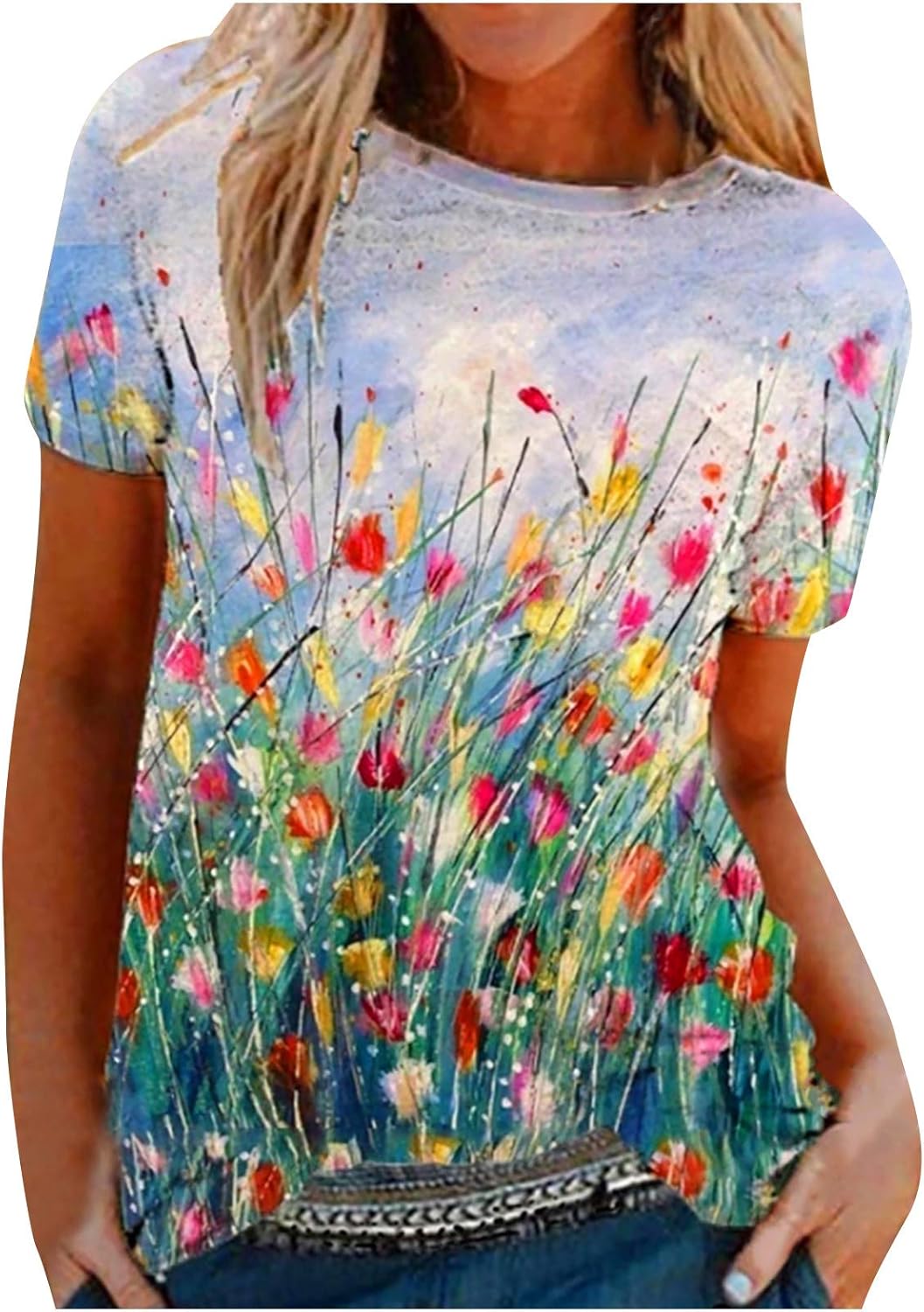 Women's Summer Tops Casual Short Sleeve T Shirts Fashion Floral Print