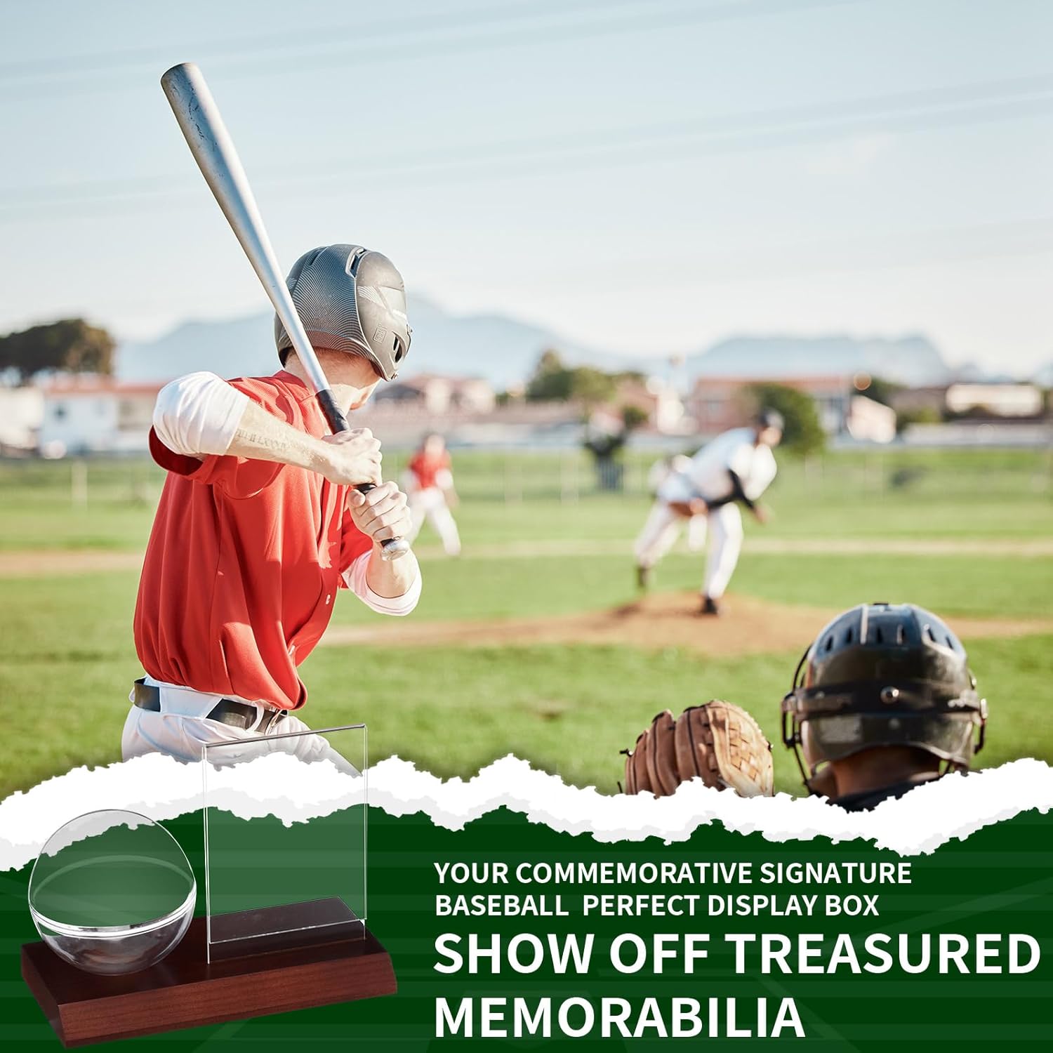 2 Sets Wood Baseball Display Case and Card Holder Baseball Holder Display Case for Ball and Card with Wood Base Showcase for Memorabilia Showcase