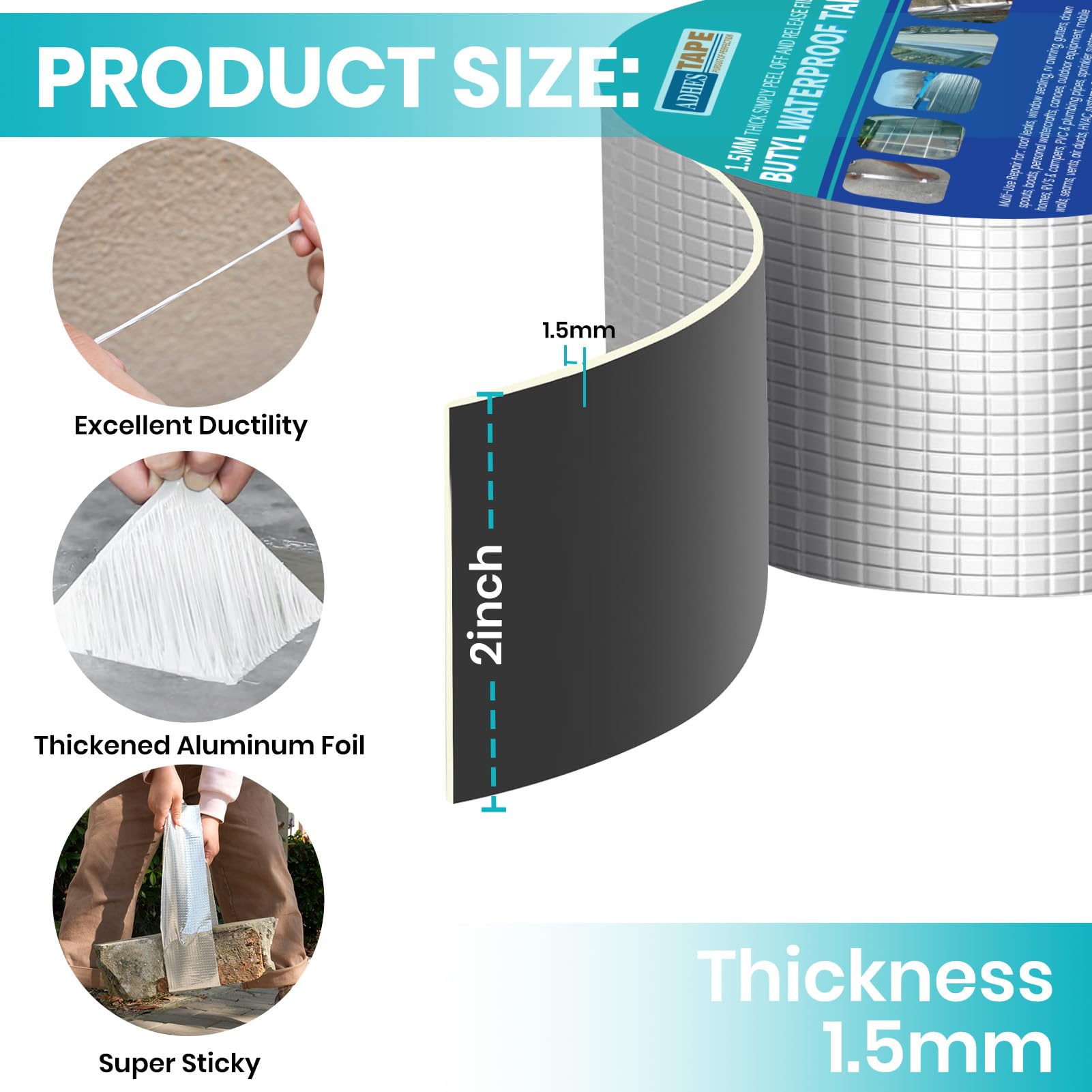 ADHES Cinta Adhesiva de Aluminio de Butilo Impermeable, Con Caucho Fuerte de 50mm x 5m, 1,5 mm De Espesor, Adecuada Para Pérdidas en Techos, Grietas Superficiales