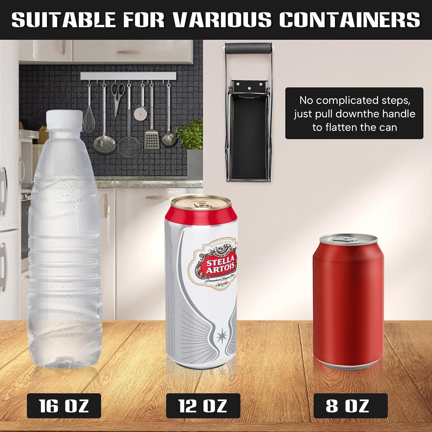  16 oz Heavy-Duty Wall-Mounted Aluminum Can Crusher for Recycling, Black | Heavy-duty metal construction, crushes aluminum soda, seltzer and beer cans, wall-mounted design for convenient recycling thumbnail