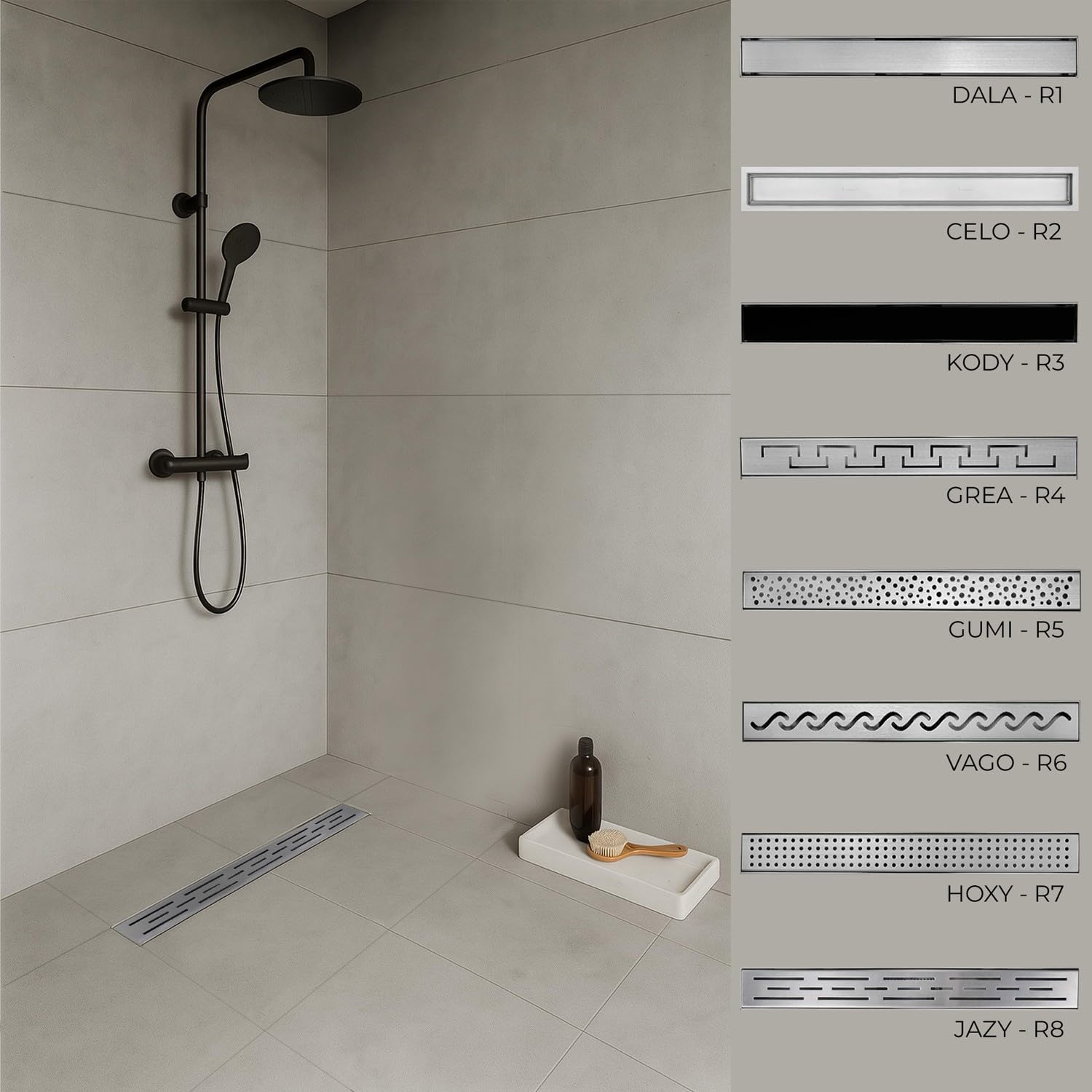 JAZY Caniveau de douche L.110 cm design linéaire, acier inoxydable, siphon anti-odeurs, drainage élevé