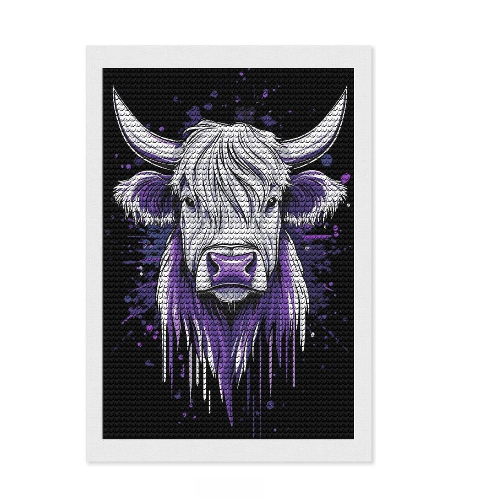 Junmoney Purple Highland Cow Portrait Diamond Art Kit 8"x12", Stress Relief Craft, Living Room Decor, for Craft Lovers, Festive Craft Gift
