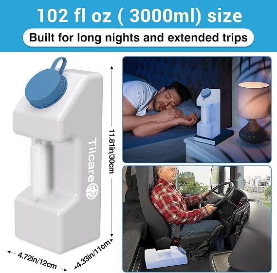 Tilcare Portable Urinals for Men Spill Proof Nighttime Glow in The Dark Lid- 3000 ml/101 Oz, Pee Bottles for Men, Urine Bottle for Men, Male Urinal Spill Proof, Pee Cup, Mens Urinal Bottle, Pee jug
