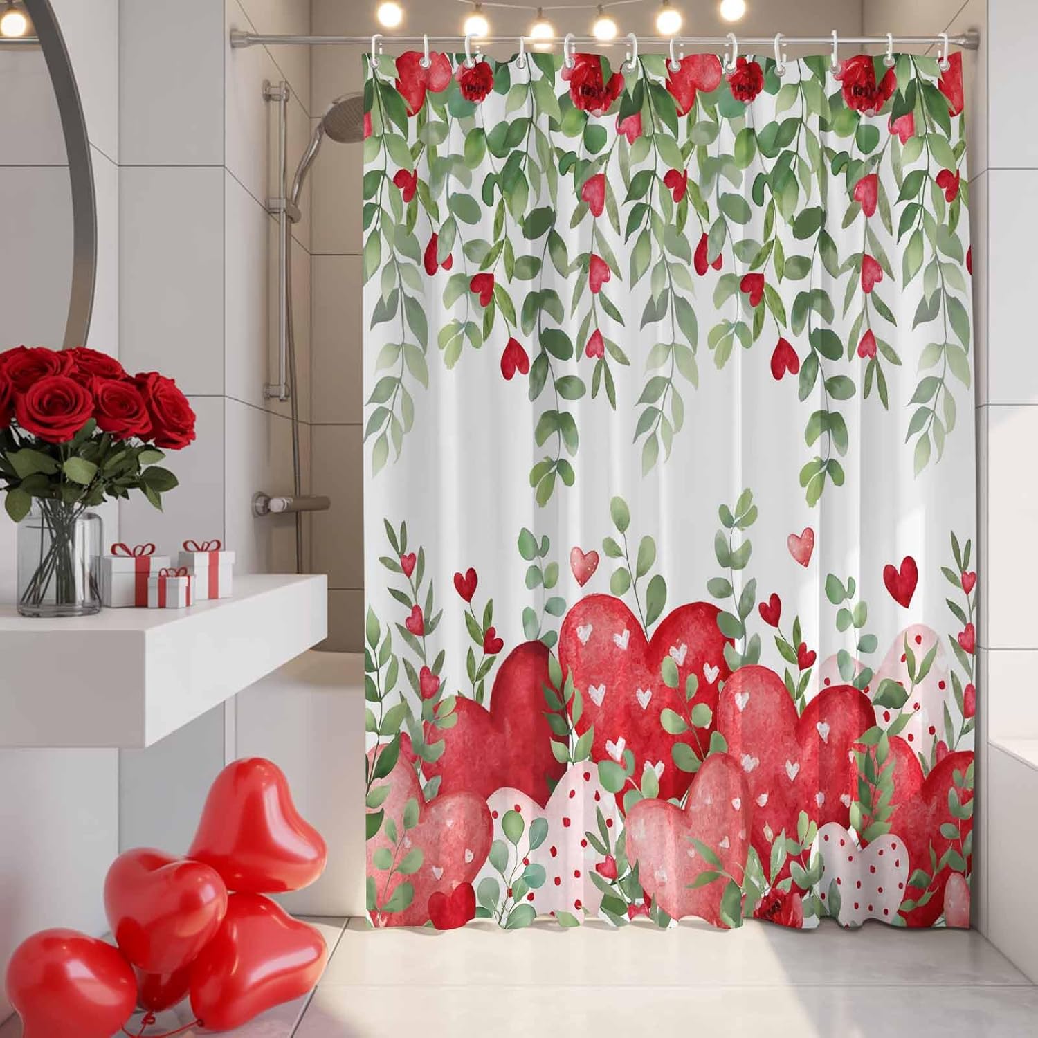 Valentine's Day Shower Curtain Red Love Heart Bathroom Curtains with Hooks, Waterproof Polyester Fabric Rose Eucalyptus Leaves Shower Curtains Set for Bathroom Bathtubs Valentines Decor 72x78 Inch