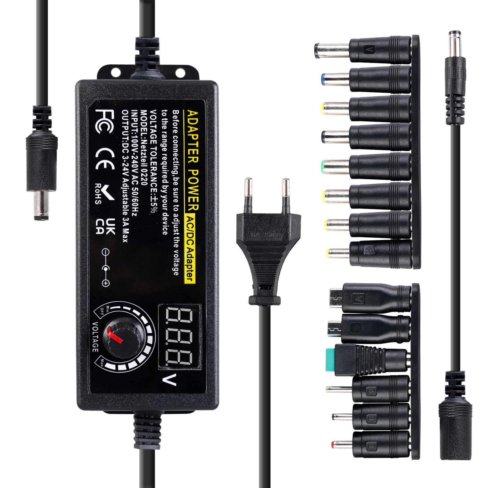 Alimentatore Universale Regolabile 12V-24V 4.5A Per PC Portatile – Adattatore Nero, 34 Punte Incluse