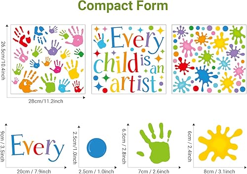 Miniatura 2 de Outus 3 hojas de calcomanías de pared con texto en inglés «Every Child is an Artist», calcomanías de pintura multicolor, salpicaduras, puntos y