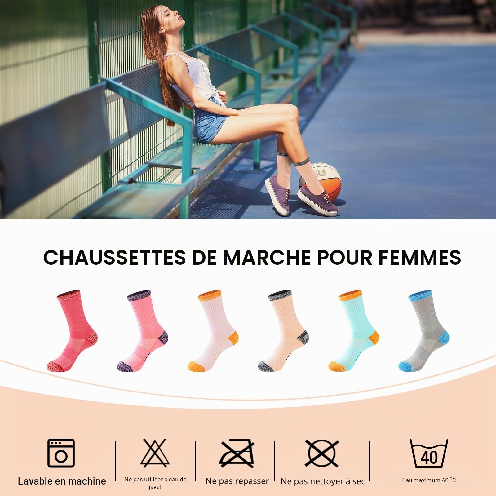 Chaussettes Femme 39-42 35-38, Chaussettes Femme Sport Respirantes Rembourrage Chaudes Coton Randonnée，Extérieur Anti-ampoules Épaisses Bottes Chaussettes de Courir Femme Multicolore 6 Paires