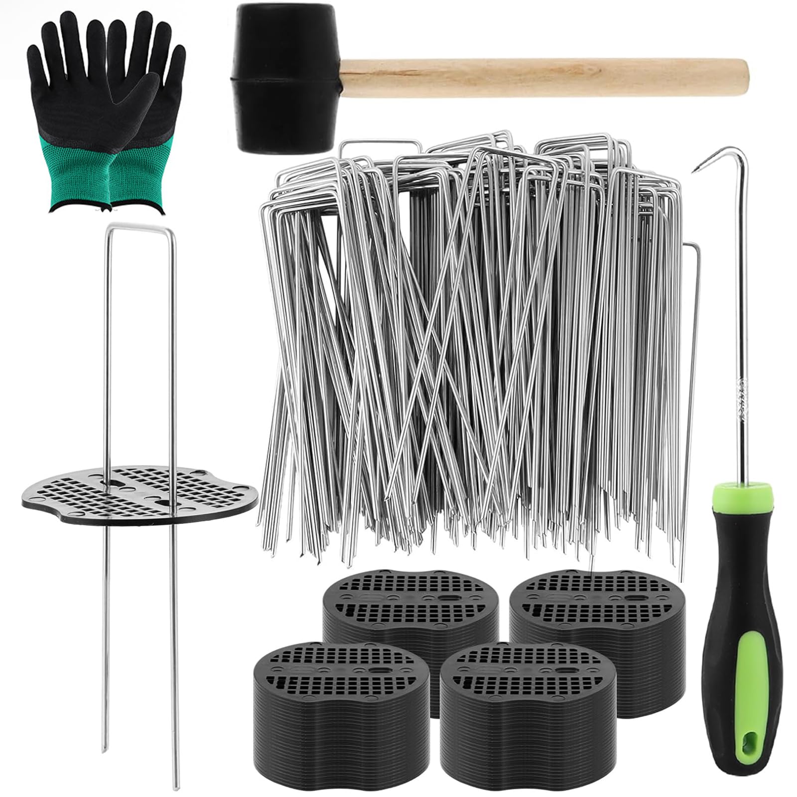 LOLYSIC 100Pcs Weed Membrane Pegs with 100 Buffer Washer, Gloves, Pick Hook & Hammer, 6" 150mm Metal Garden Pegs, U-Shaped Galvanized Artificial Grass Pin for Securing Lawn Netting Landscape Fabric