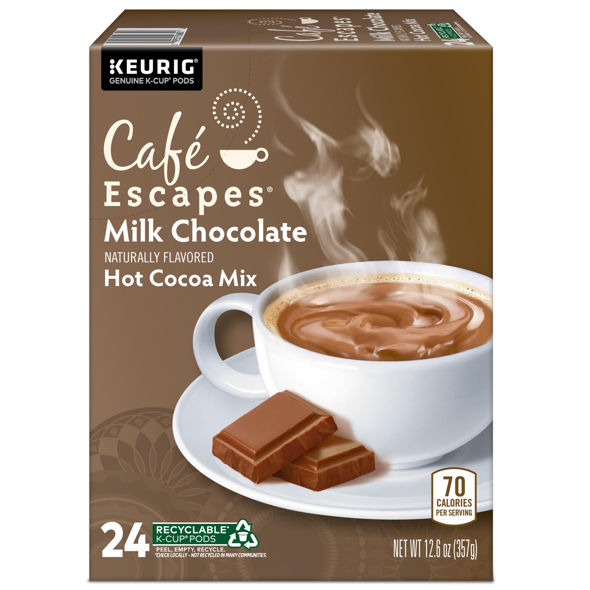 Cafe Escapes, Milk Chocolate Hot Cocoa, Single-Serve Keurig K-Cup Pods, 96 Count (4 Boxes of 24 Pods)