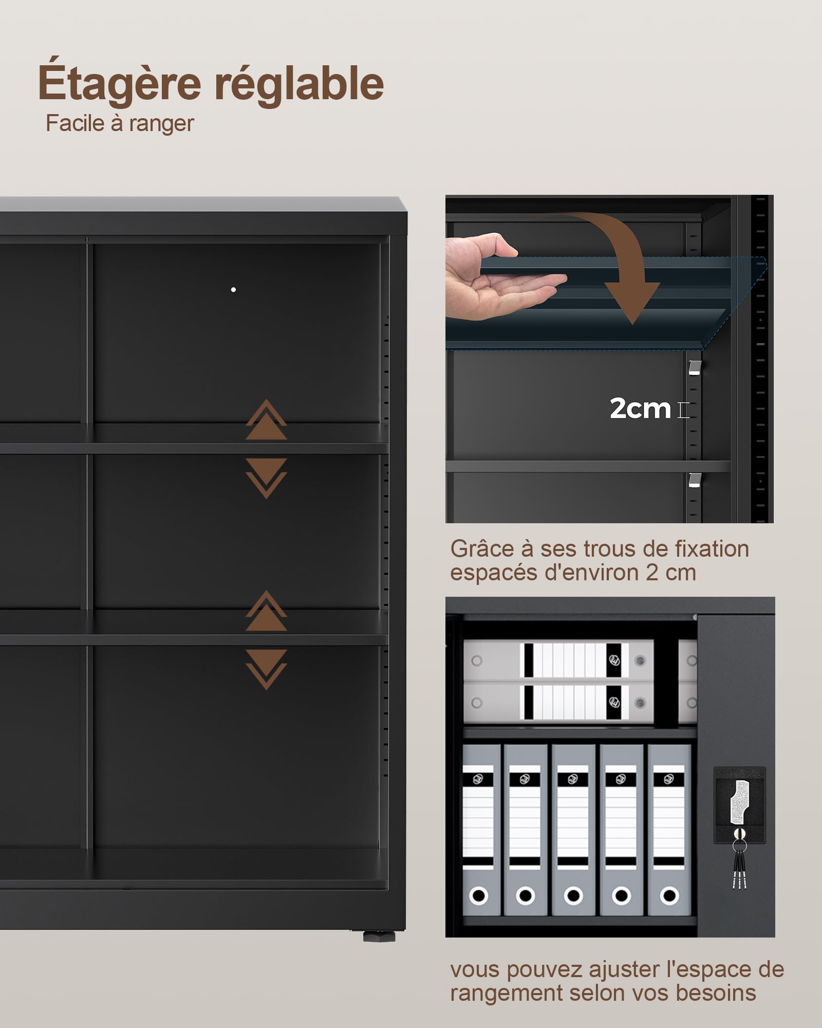 LAND·VOI Armoire en Acier 3 Niveaux avec Serrure Étagères Réglables Portes Battantes Armoire de Bureau Rangement Métallique pour Bureau Garage Cuisine Atelier 80×40×91.5 cm Noir