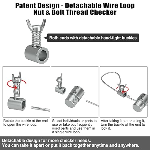 Miniatura 10 de Patente CKE - Verificador de rosca de tuerca y perno mejorado (en pulgadas y métrico) diseño de bucle de alambre desmontable - 44 medidores