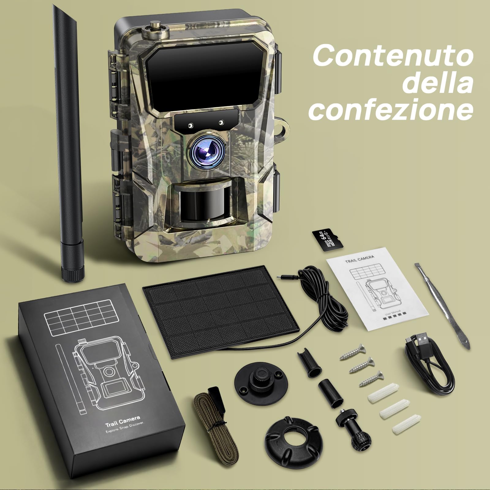 iZEEKER 2 en 1 Fototrappola Solare 4G LTE con SIM e 64GB Scheda Micro SD, HD 48MP Fotocamera Caccia Visione Notturna, Batteria 5200mAh, APP Controllo Remoto, Senza Wi-Fi, IP66 Impermeabile per Fauna