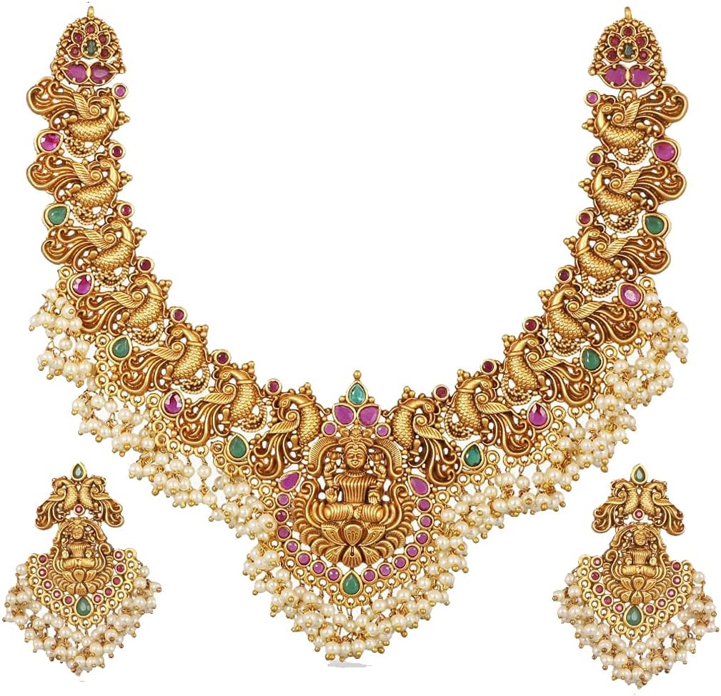 TARINIKA Antique Gold Plated Cira Short Necklace Set with Floral Design – Indian Jewelry Sets for Women | Perfect for Ethnic Occasions | Traditional South Indian Necklace | 1 Year Warranty