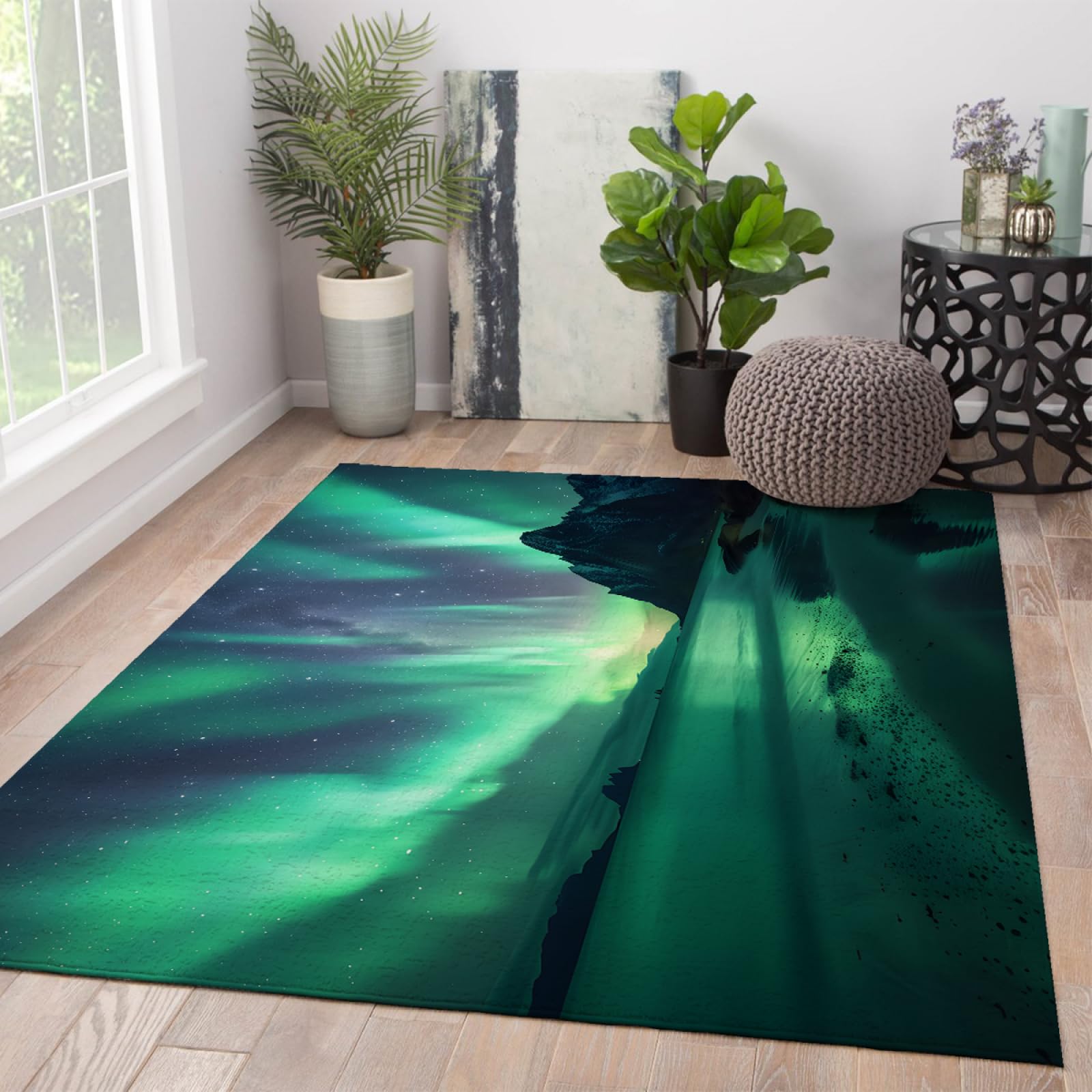 Tapis Vert Sauge Tapis d’intérieur Aurora Phenomenon Tapis rectangulaires lavables antidérapants pour sous la Table de Cuisine Tapis de Pique-Facile d’Entretien 200 x 300cm