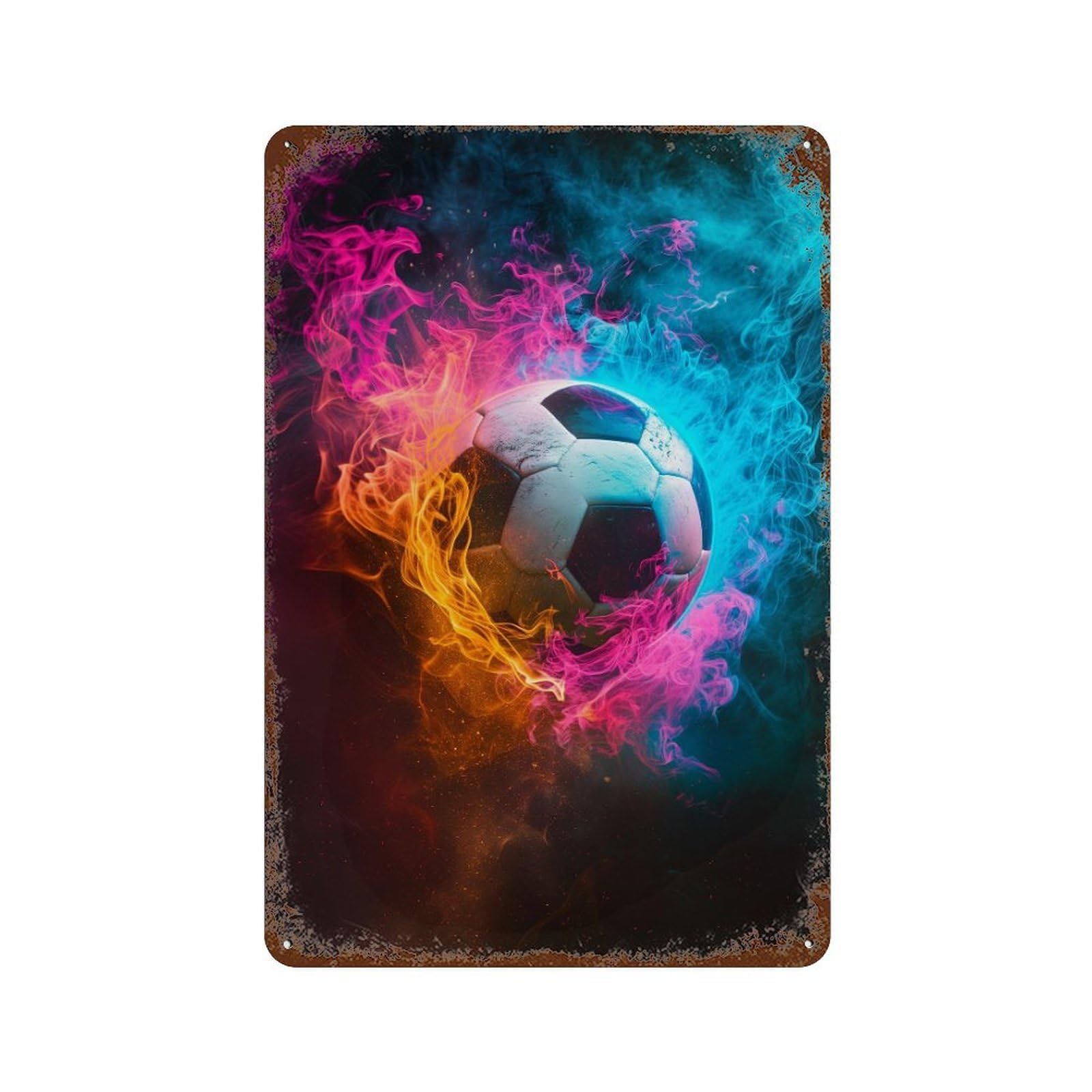 Flaming Soccer Ball Artwork 11.8"x7.9" Distressed Metal Wall Sign, Shabby Chic Decor for Office, Studio And Wall Decor