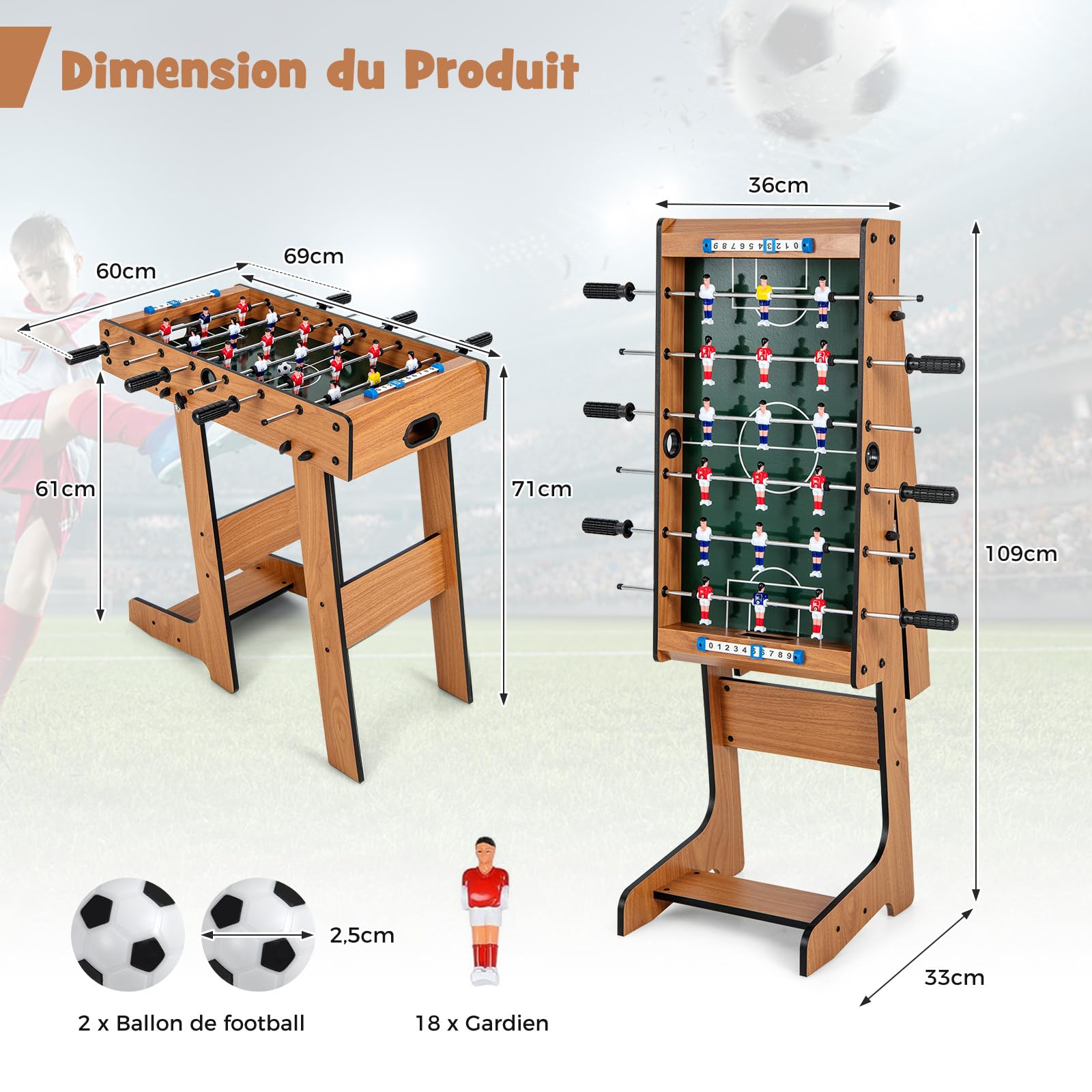 DREAMADE Baby-Foot Pliable, 2-4 Joueurs, 69 x 60 x 71 cm, 2 Balles