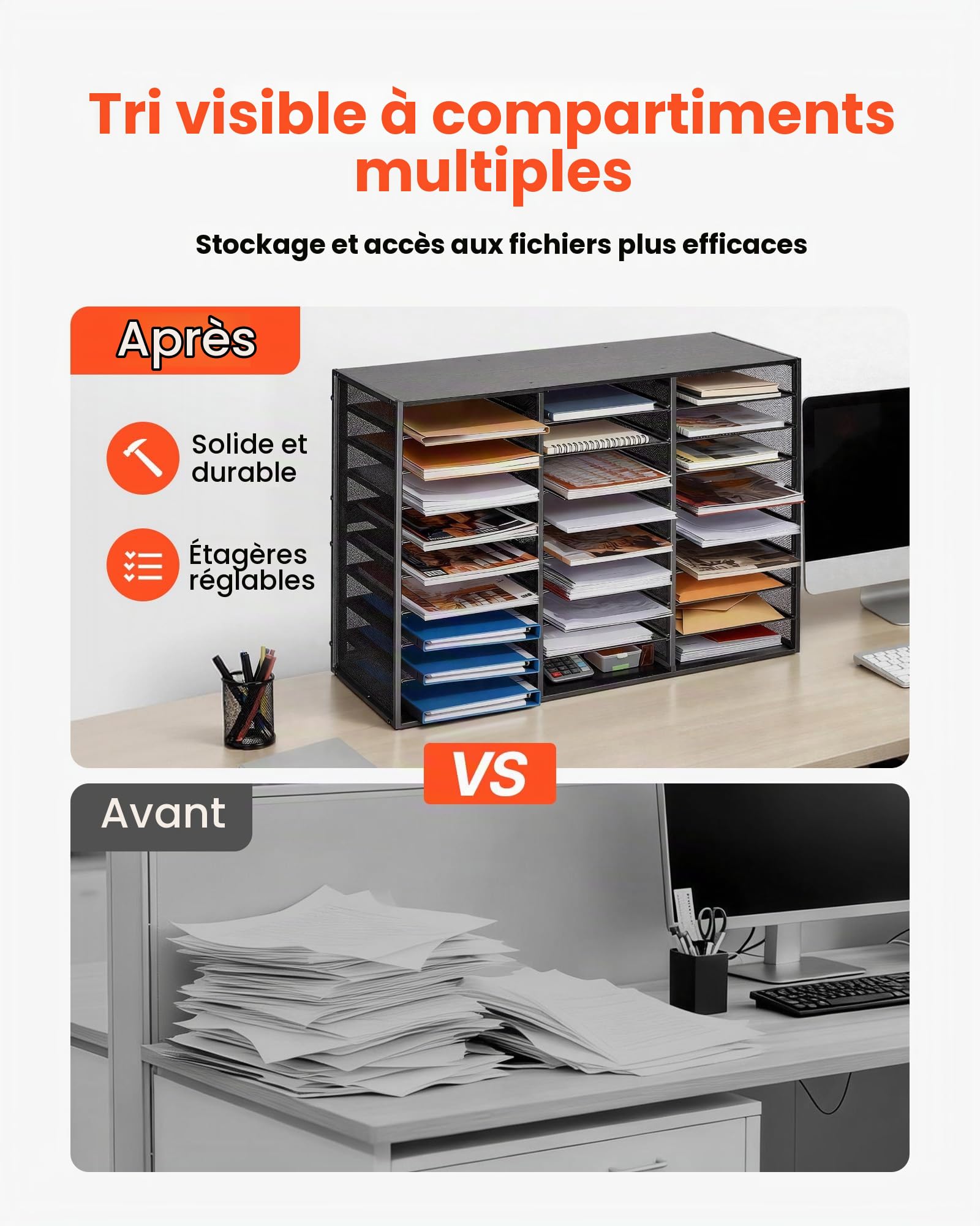 VEVOR Organisateur de Bureau, Trieur à 27 Cases avec Panneaux de Grillage Métallique Amovibles, pour Fichiers Documents Magazines École, Casier à Courrier avec Comptoir en Bois, Classeur de Table Noir