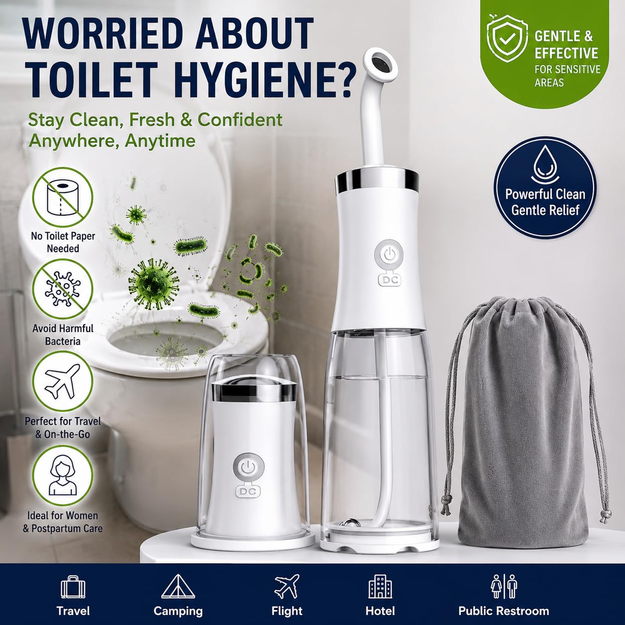 Bidet elettrico portatile, ricaricabile, da viaggio, 4 opzioni di pressione, con borsa da viaggio per la pulizia personale, essenziale per la cura post-parto, perineale, emorroide