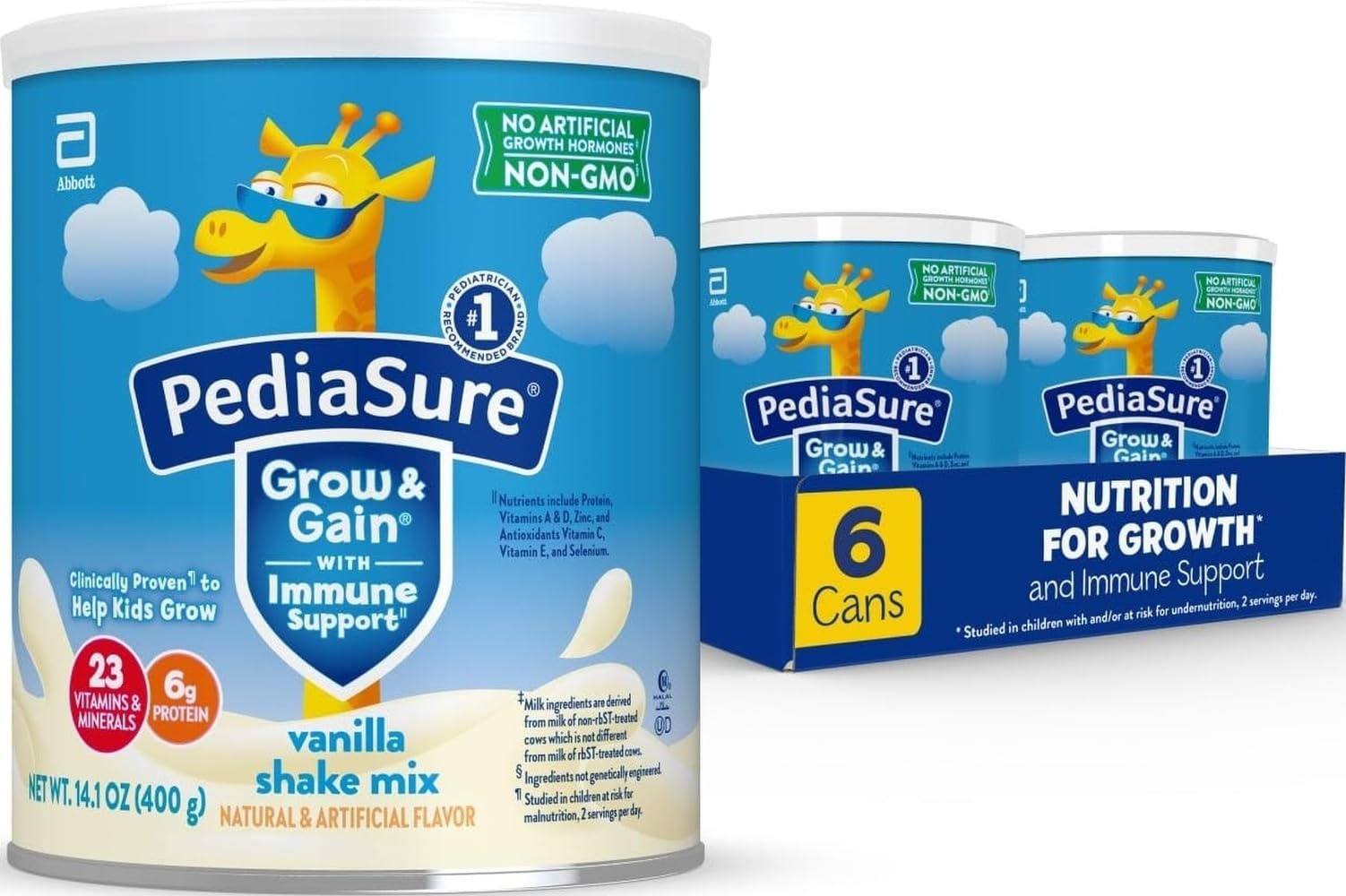 PediaSure Grow & Gain Shake Mix, 6g Protein, Vanilla, 14.1 oz Can, 6pk