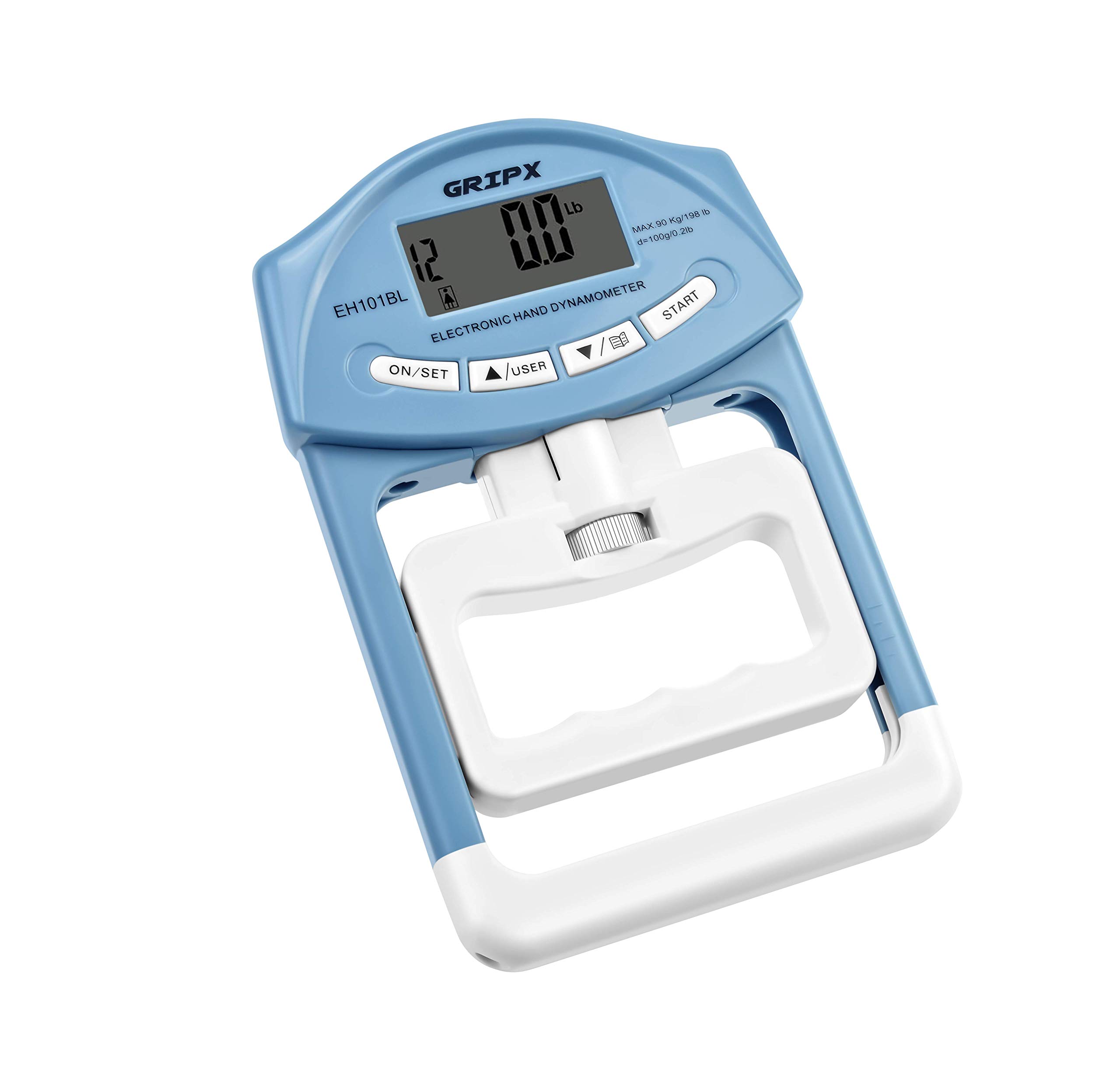 GRIPX Digital Hand Dynamometer Grip Strength Measurement Meter Auto Capturing Electronic Hand Grip Power 198Lbs / 90Kgs, Blue