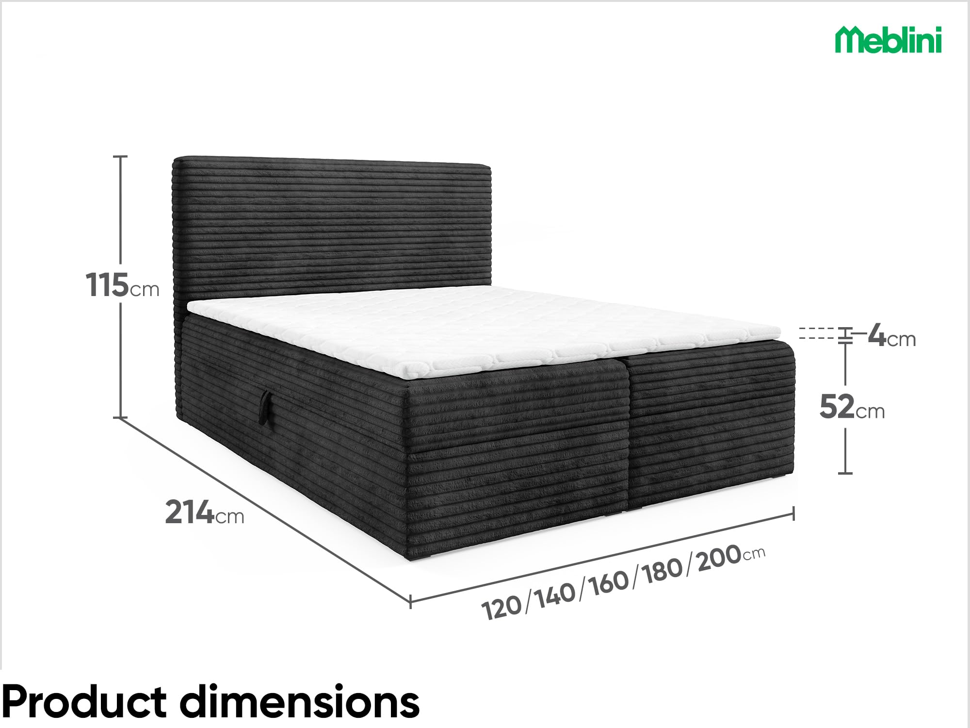 MEBLINI Boxspringbett mit Bettkasten - 120x200 - H3/Schwarz Cordstoff - Talia - Gepolstert Doppelbett mit Matratze und Topper - Polsterbett mit Stauraum - Bett mit Kopfteil - Stauraumbett
