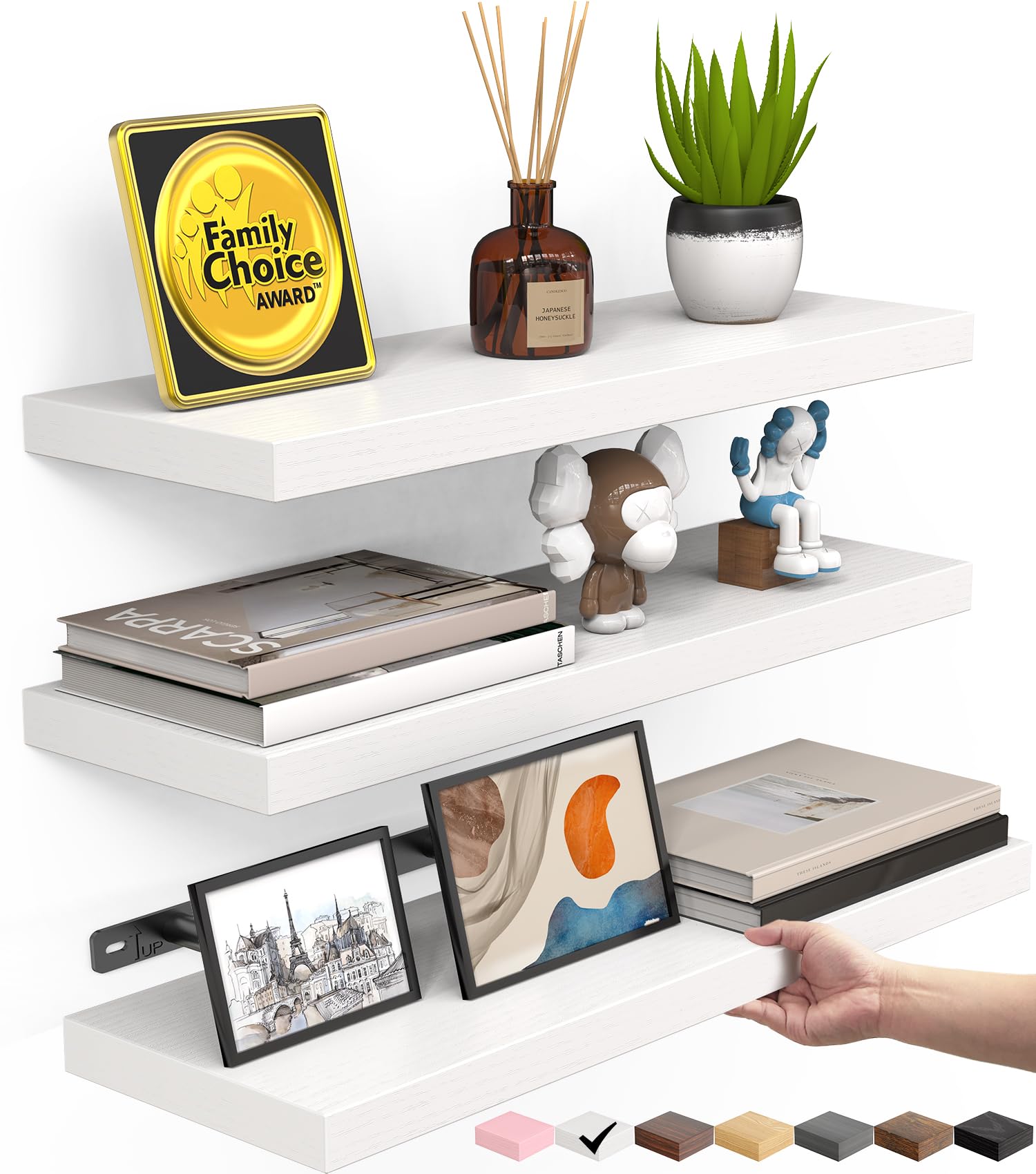 BAYKA White Floating Shelves for Wall ‚Äì Rustic Wood Wall Shelves with Metal Brackets for Bathroom, Bedroom, Kitchen, or Living Room Decor Organization ‚Äì Set of 3, Sturdy Storage with 22lb Capacity