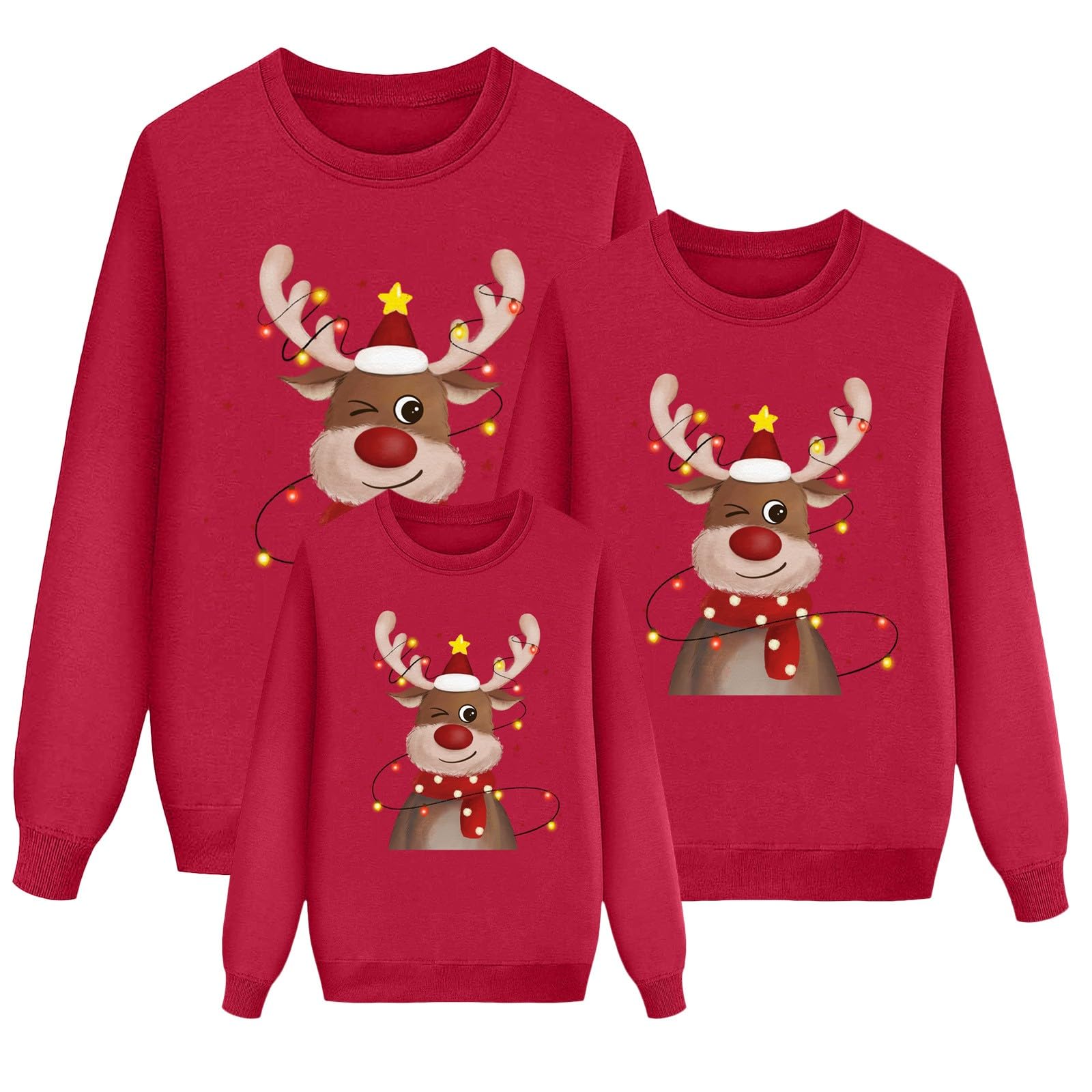 Suéter de Navidad Familia Jersey Invierno Estampado de Ciervos Cálido Cuello Redondo Pullover Punto