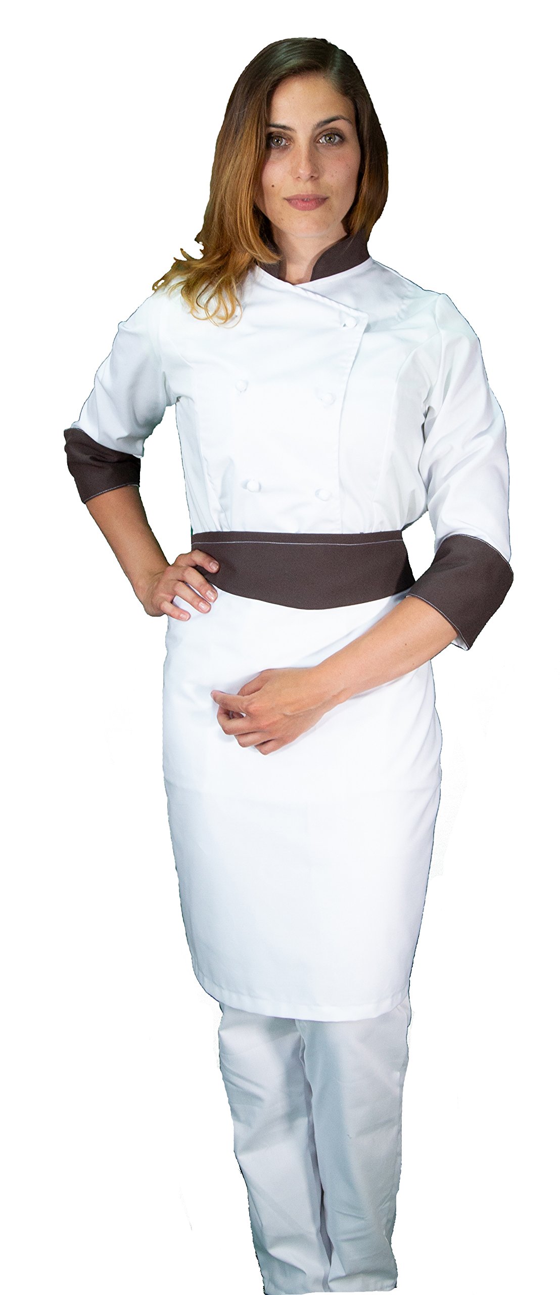 Ricamo Gratuito - Completo Cuoco da Cucina - Bianco e Marrone - Divisa Chef Donna - Pantalone, Giacca e Grembiule - Made in Italy