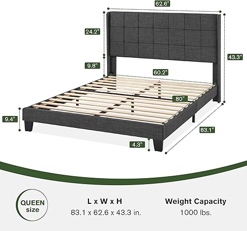 Miniatura 2 de MUTICOR Base de cama tamaño Queen con cabecera de ala, diseño cosido cuadrado, soporte de listones de madera, fácil montaje, gris oscuro Gris