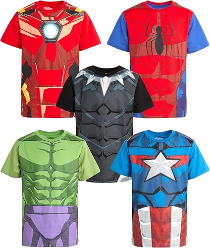Marvel Paquete de 5 camisetas de los Vengadores para niños, Spider-Man, Hulk, Capitán América, Iron Man, Thor (2T-16)