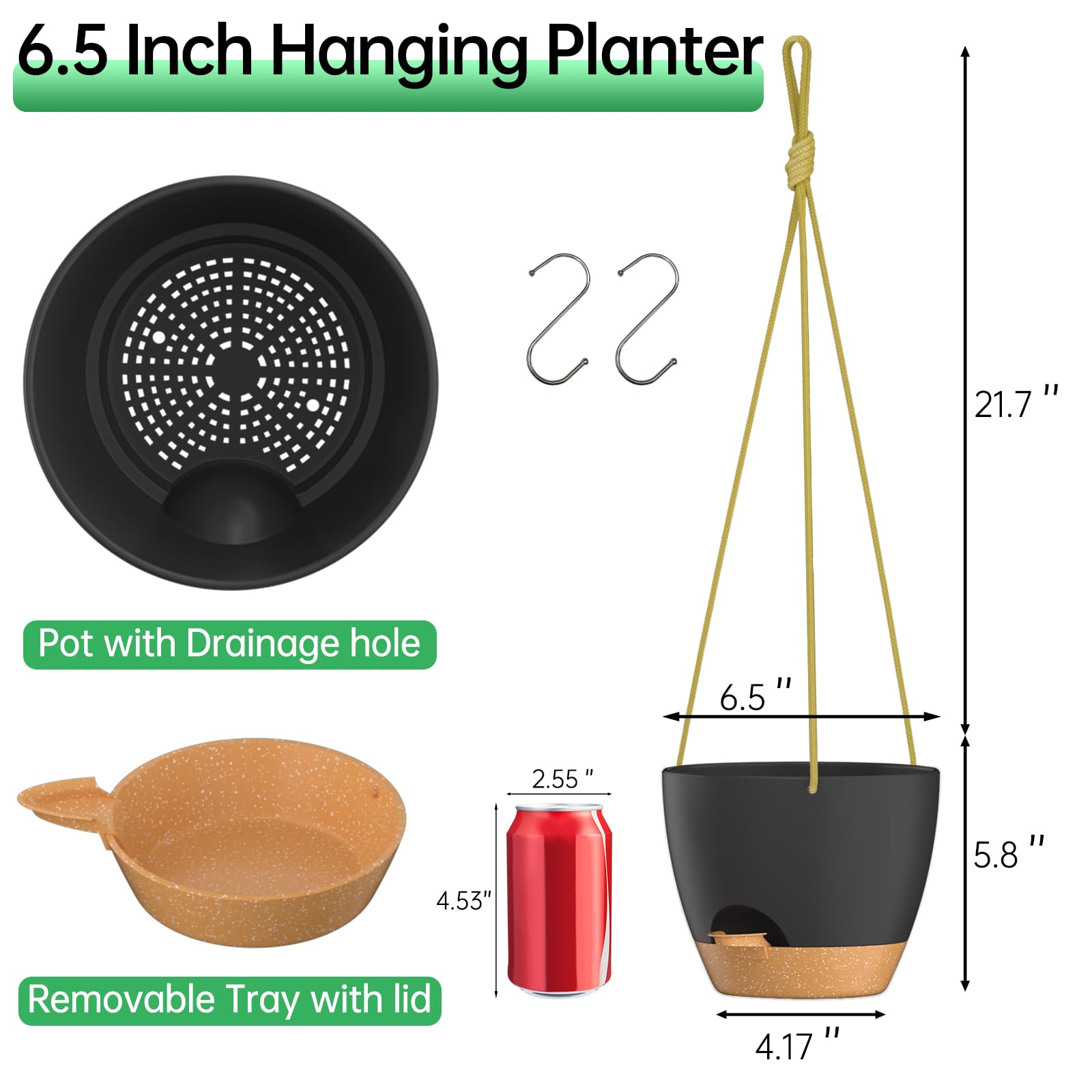 ZMTECH Lot de 2 pots de fleurs suspendus de 16,5 cm pour intérieur et extérieur – Pots de fleurs en plastique à arrosage automatique avec trous de drainage et soucoupe amovible (noir)