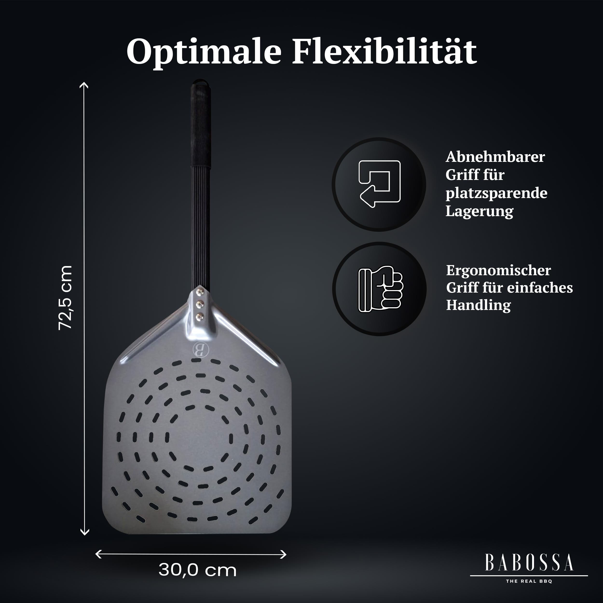 BABOSSA Pizzaschieber aus eloxiertem Aluminium – extra gleitfähig und hitzebeständig – stabile Pizzaschaufel mit gummiertem festen Griff – Perfekt für Backofen, Pizzaofen und Grill