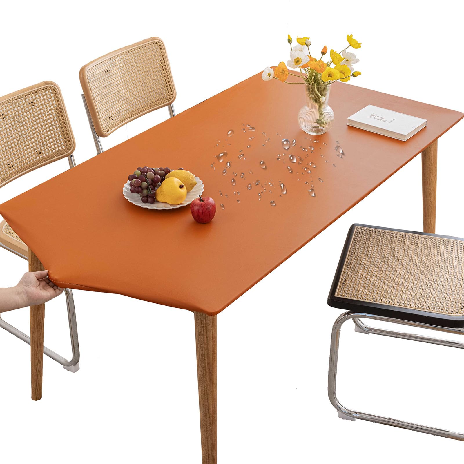 Thdsubb Tablecloth Leather Waterproof Tablecover Elastic Edged Fitted Table Protector Cover Wipeable for Home Picnic Party (Orange,60x60cm)