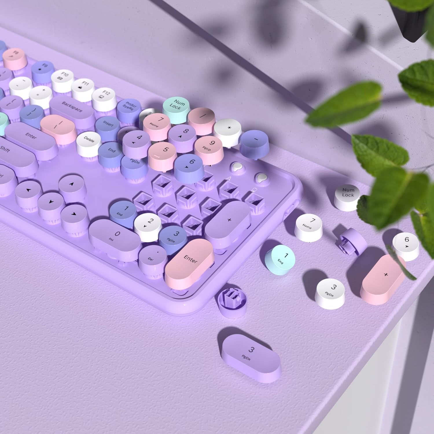 Colorful Wireless Keyboard and Mouse Combo, COVEVA 2.4GHz Wireless Retro Cute Round Keycaps Keyboard, 104 Keys Full-Sized Keyboard Mouse Set with Switch Button for PC Laptop Desktop (Purple Colorful) - Image 3