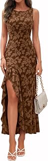 IWD Women's Boat Neck Sleeveless Side High Slit Ruffle Maxi Dress Cocktail | Jacquard Mesh, Bodycon, Asymmetric Tiered Flowing Hemline, Elegance Date Night Outfit, Gala Events, Wedding Guest Dresses