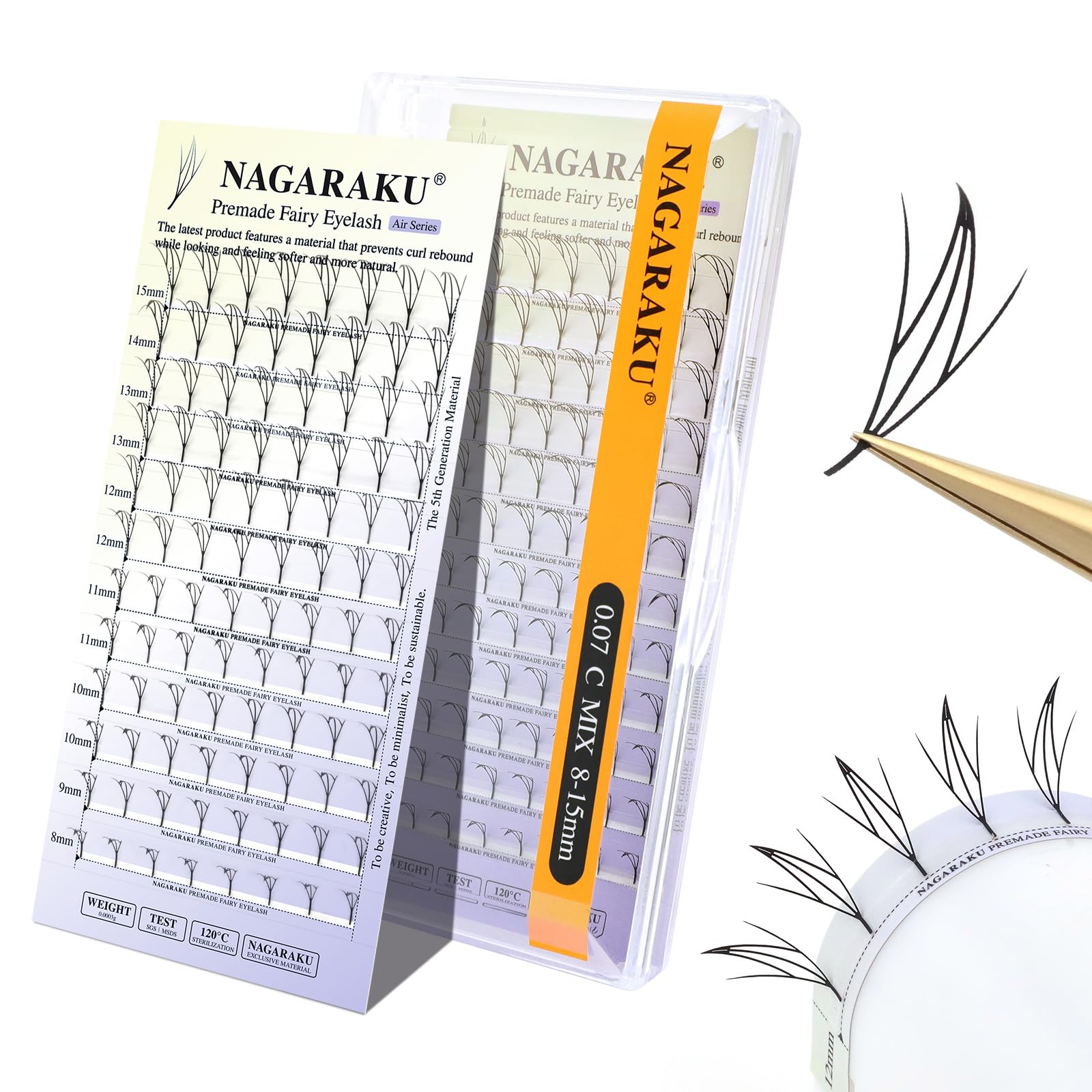 NAGARAKU Fairy Style Eyelashes Extensions Air Series Premade Volume Lashes 0.07mm D Curl 8mm-15mm Mix Length 92 Clusters Wet Set/Anime/Manga Styles Lashes